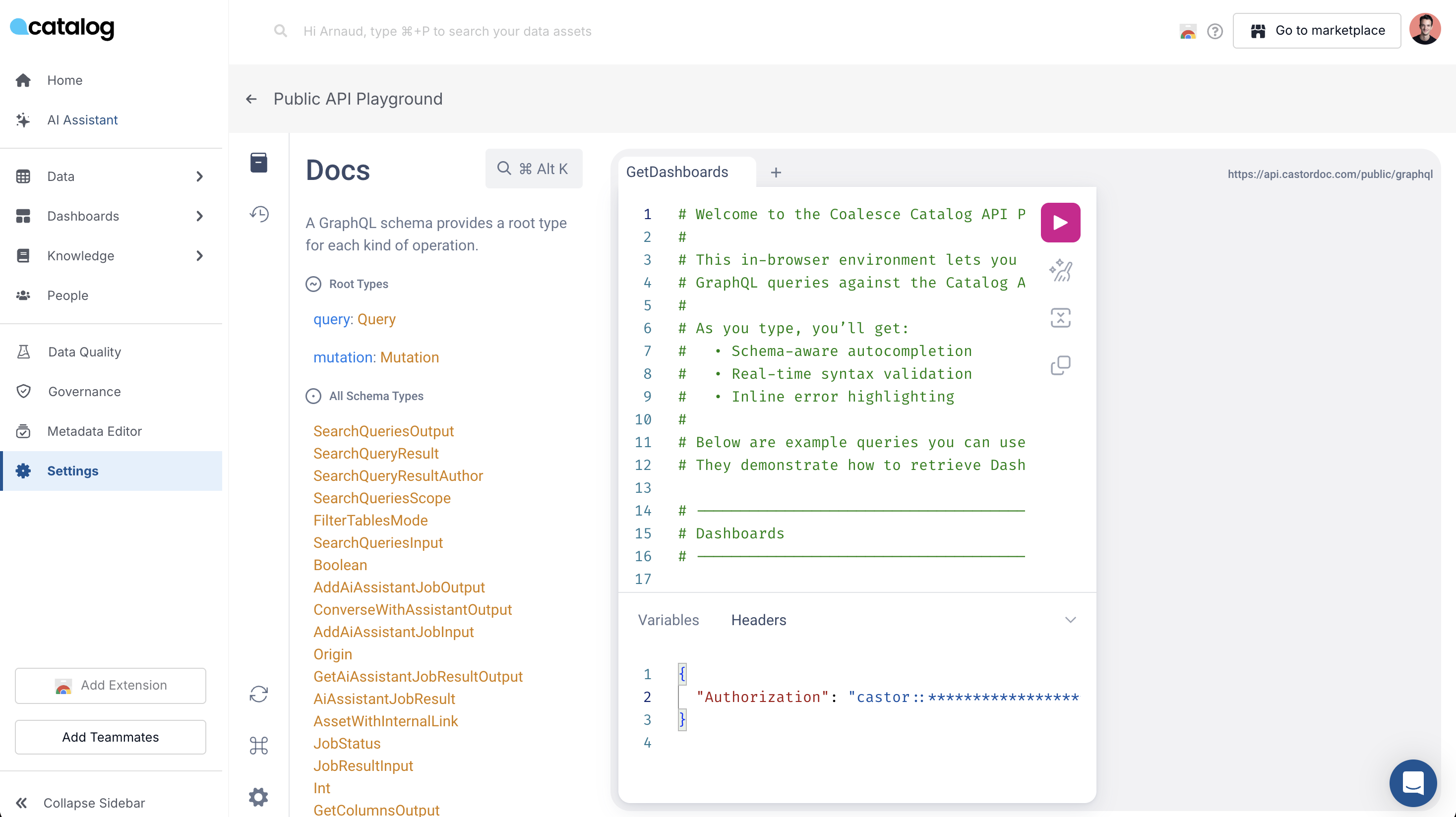 Catalog API playground with autocomplete query editor