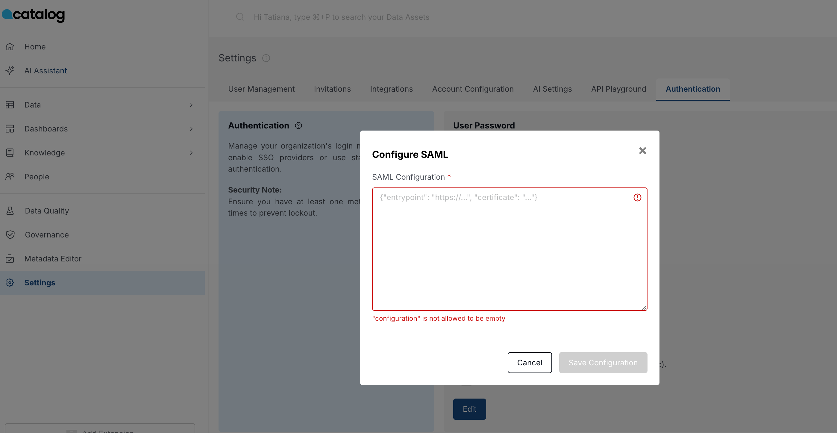 Catalog application Settings page with the Authentication tab selected, showing a Configure SAML modal. The SAML Configuration text area is empty and highlighted with an error message indicating that the configuration cannot be empty.