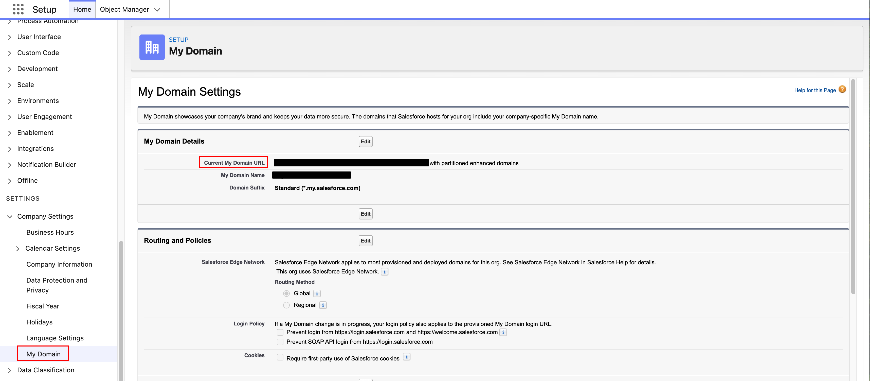 Salesforce Setup screen showing the My Domain settings page. The Current My Domain URL field is highlighted, displaying the organization’s My Domain URL, with My Domain selected in the left navigation.