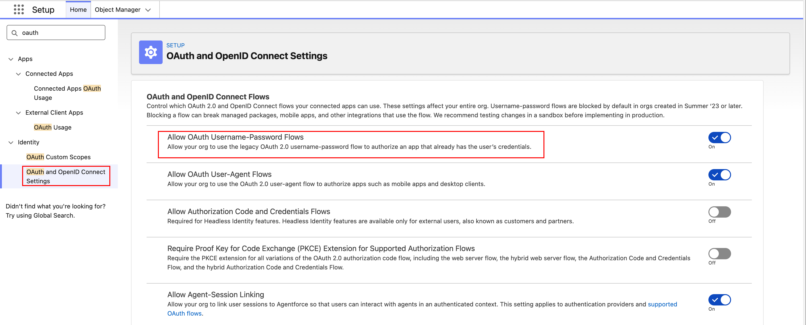Salesforce Setup screen showing OAuth and OpenID Connect Settings. The Allow OAuth Username-Password Flows option is highlighted and enabled, with OAuth and OpenID Connect Settings selected in the left navigation.
