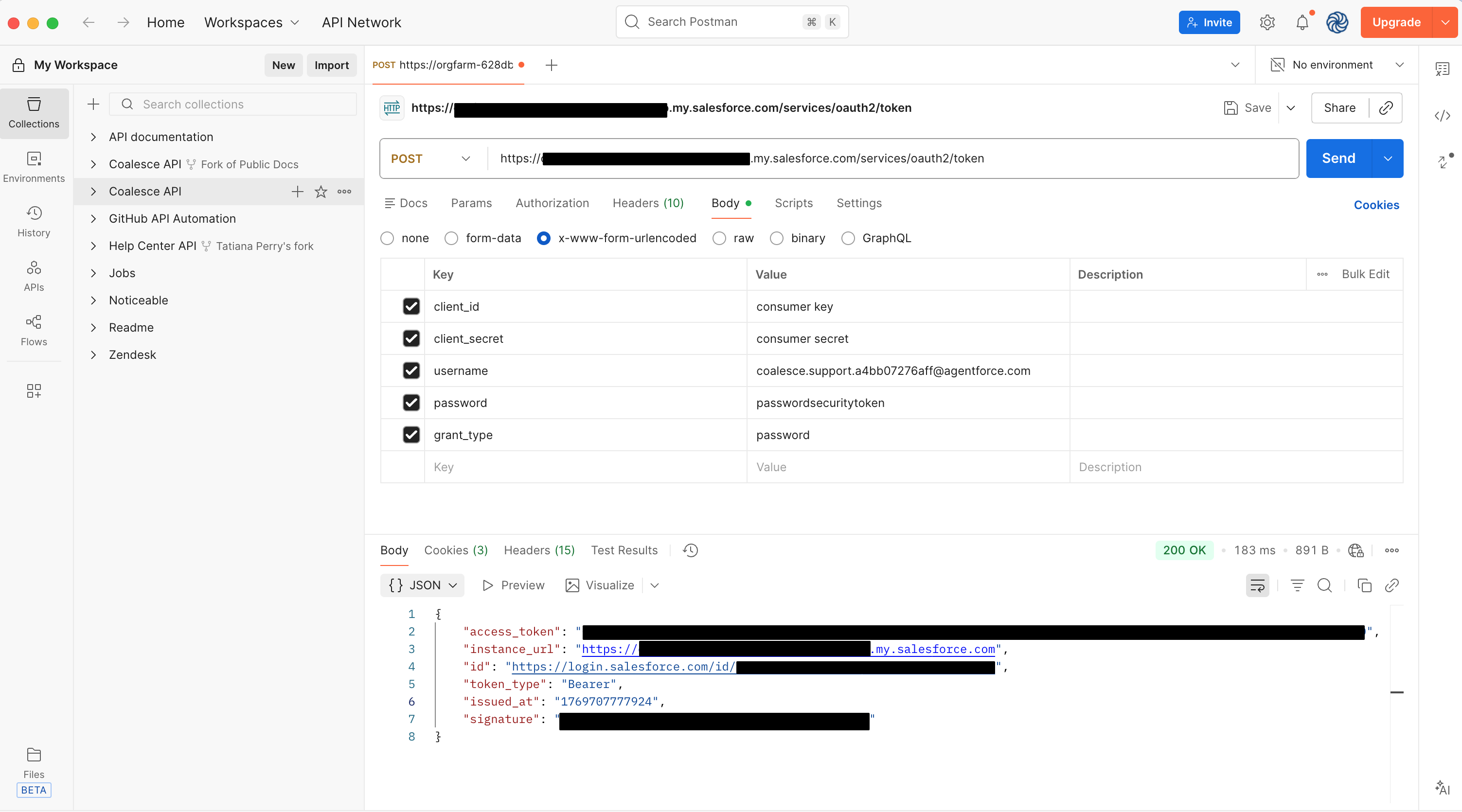 Postman interface showing a POST request to the Salesforce OAuth token endpoint using the username-password grant type. The request body includes client ID, client secret, username, password with security token, and grant type, with a successful 200 OK response returning an access token and instance URL.