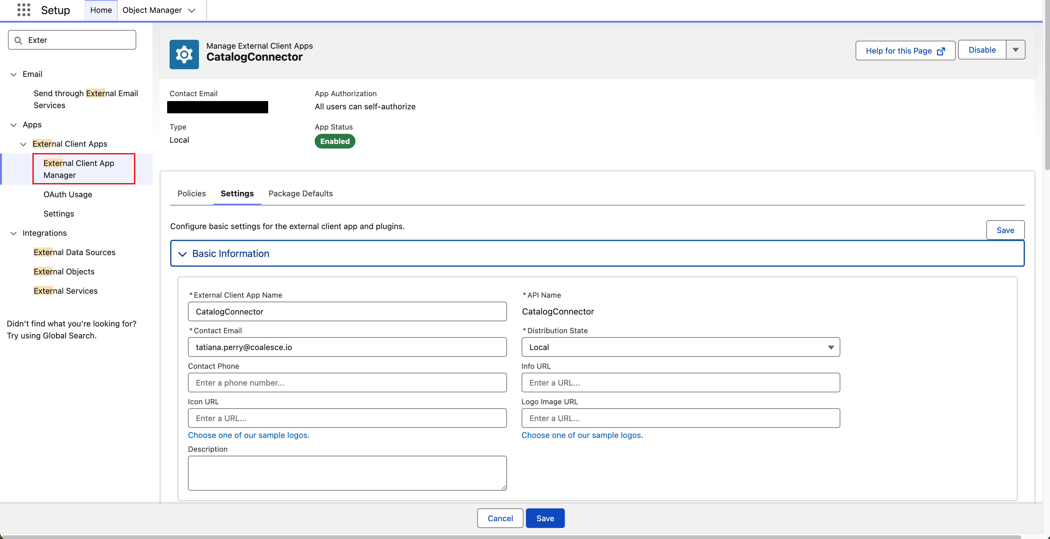 Salesforce Setup screen showing the External Client App Manager with the CatalogConnector app open. The Settings tab is selected, displaying the Basic Information section with fields for app name, contact email, API name, distribution state, and URLs. External Client App Manager is highlighted in the left navigation.
