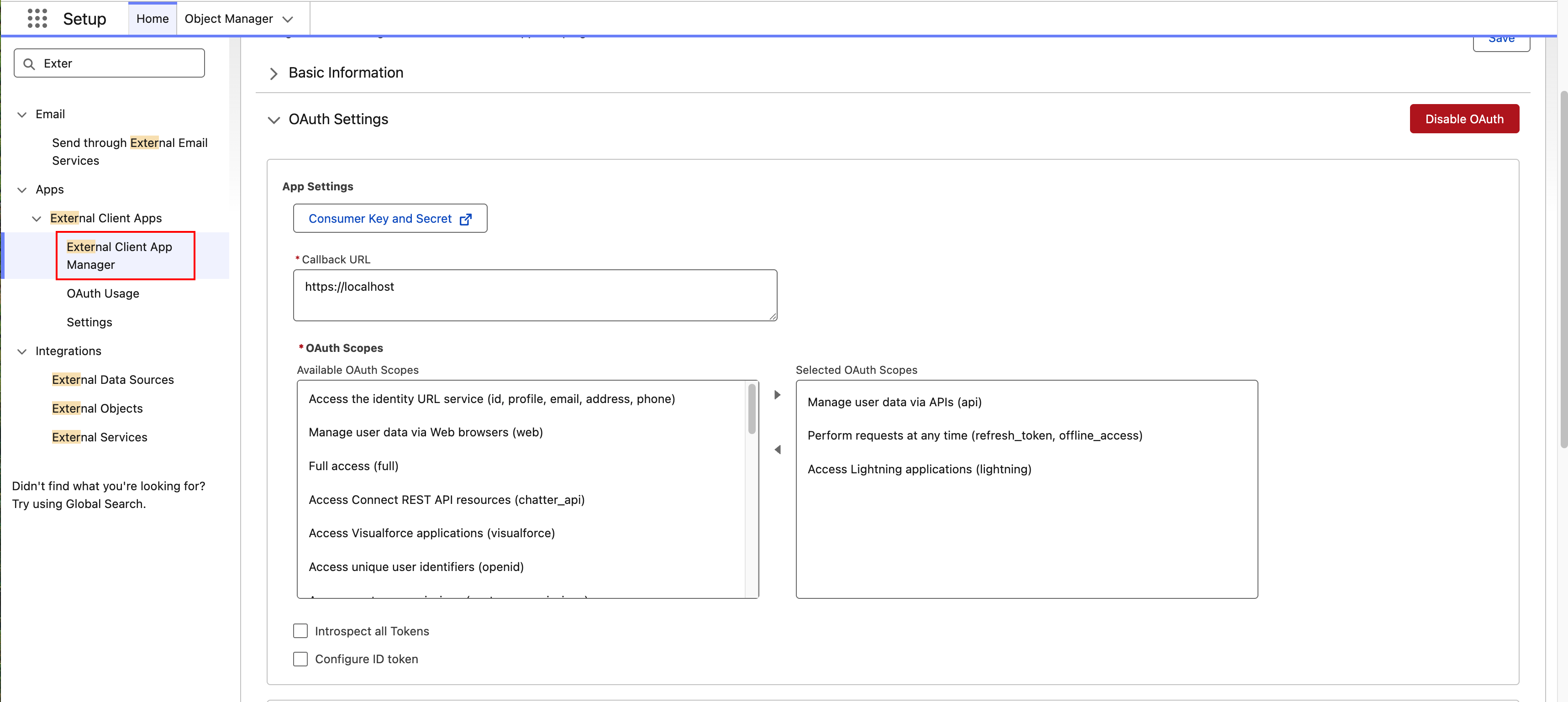 Salesforce Setup screen showing OAuth Settings for the CatalogConnector external client app. The Callback URL field and OAuth Scopes section are visible, with selected scopes including API access, refresh token access, and Lightning application access. External Client App Manager is highlighted in the left navigation.