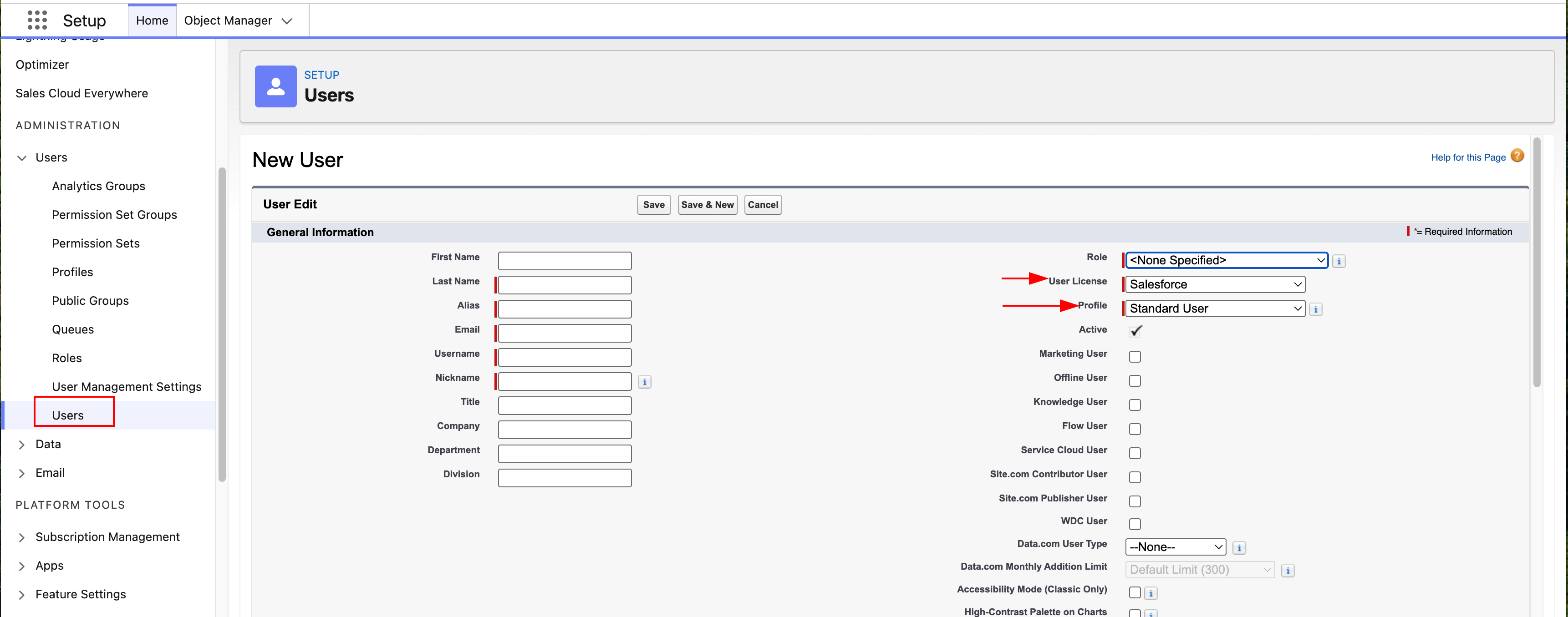 Salesforce Setup screen showing the New User creation page, with Users selected in the left navigation and fields for user details. The Role field is set to None Specified, the User License is Salesforce, and the Profile is Standard User, highlighted with arrows.