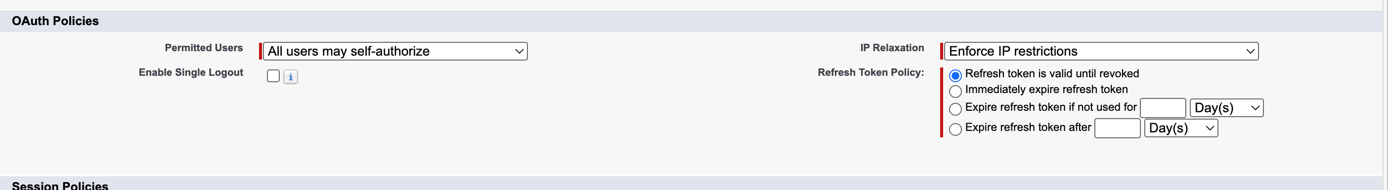 Salesforce OAuth Policies section showing Permitted Users set to All users may self-authorize, IP Relaxation set to Enforce IP restrictions, and the Refresh Token Policy set to Refresh token is valid until revoked.