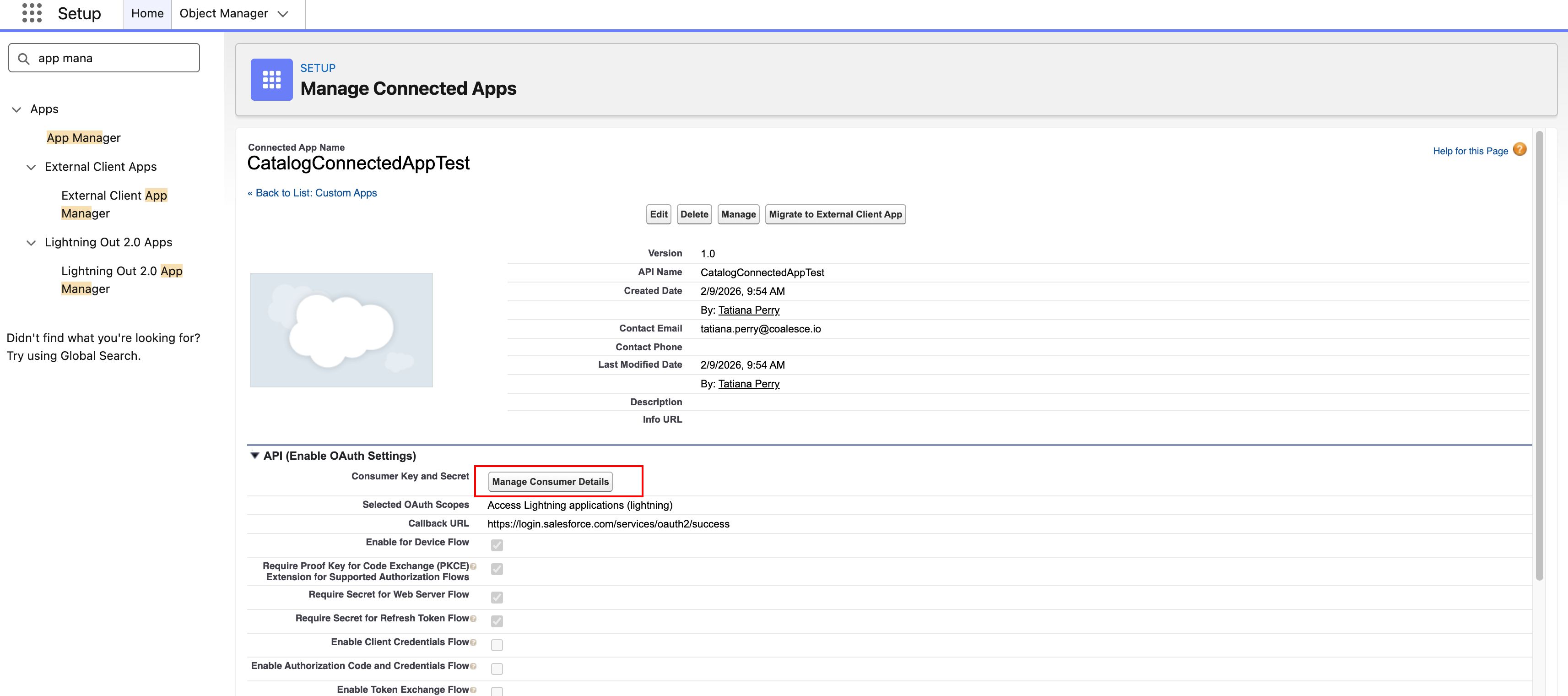 Salesforce Setup Manage Connected Apps page showing a connected app detail view, with the API (Enable OAuth Settings) section expanded and the Manage Consumer Details button highlighted for accessing the consumer key and secret.