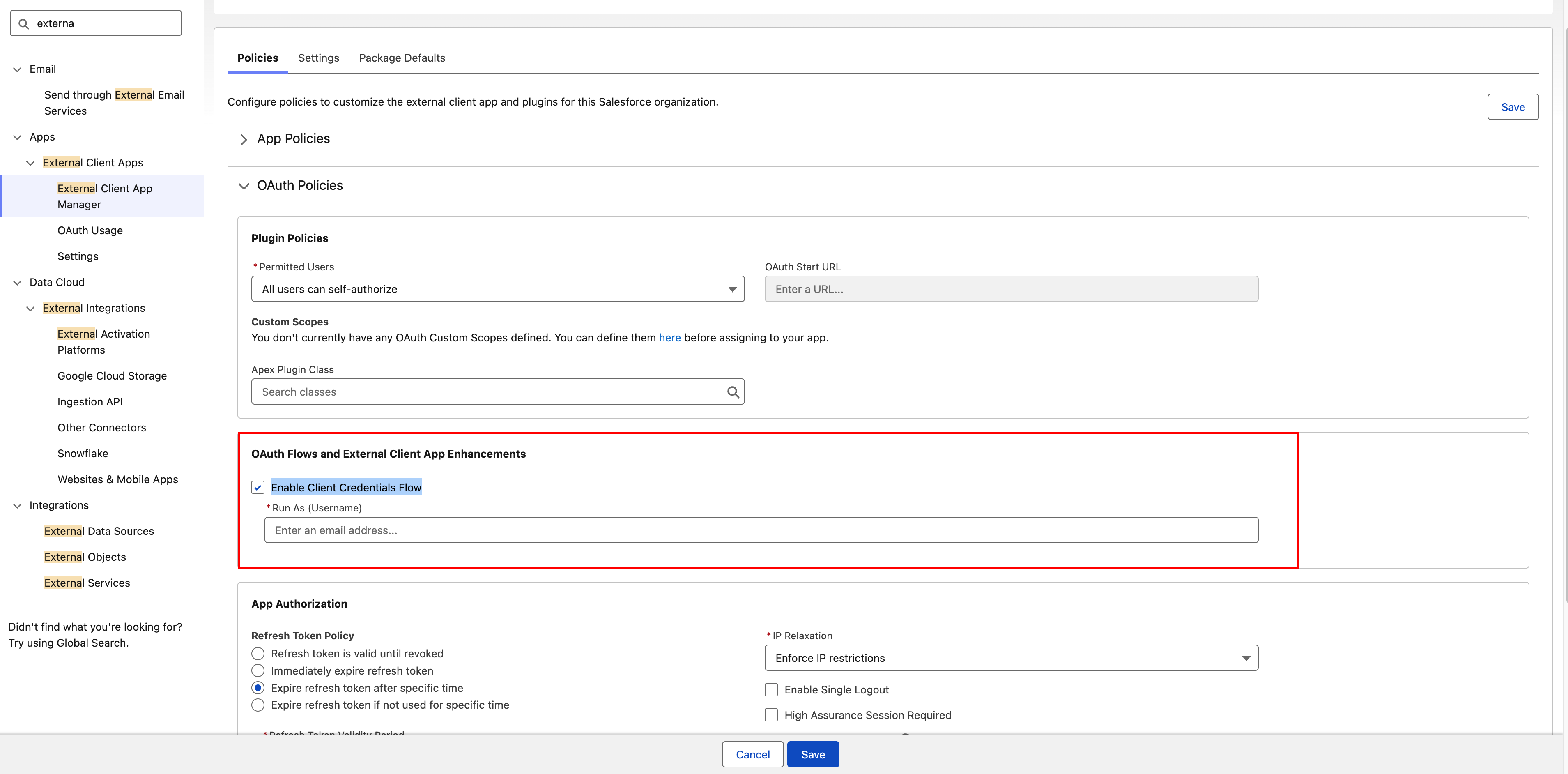 Salesforce Setup screen showing the Policies tab for an External Client App. OAuth Policies displays the OAuth Flows and External Client App Enhancements section with Enable Client Credentials Flow checked and Run As (Username) field prompting for an email address. App Authorization shows Refresh Token Policy and IP Relaxation settings, with Save button visible.