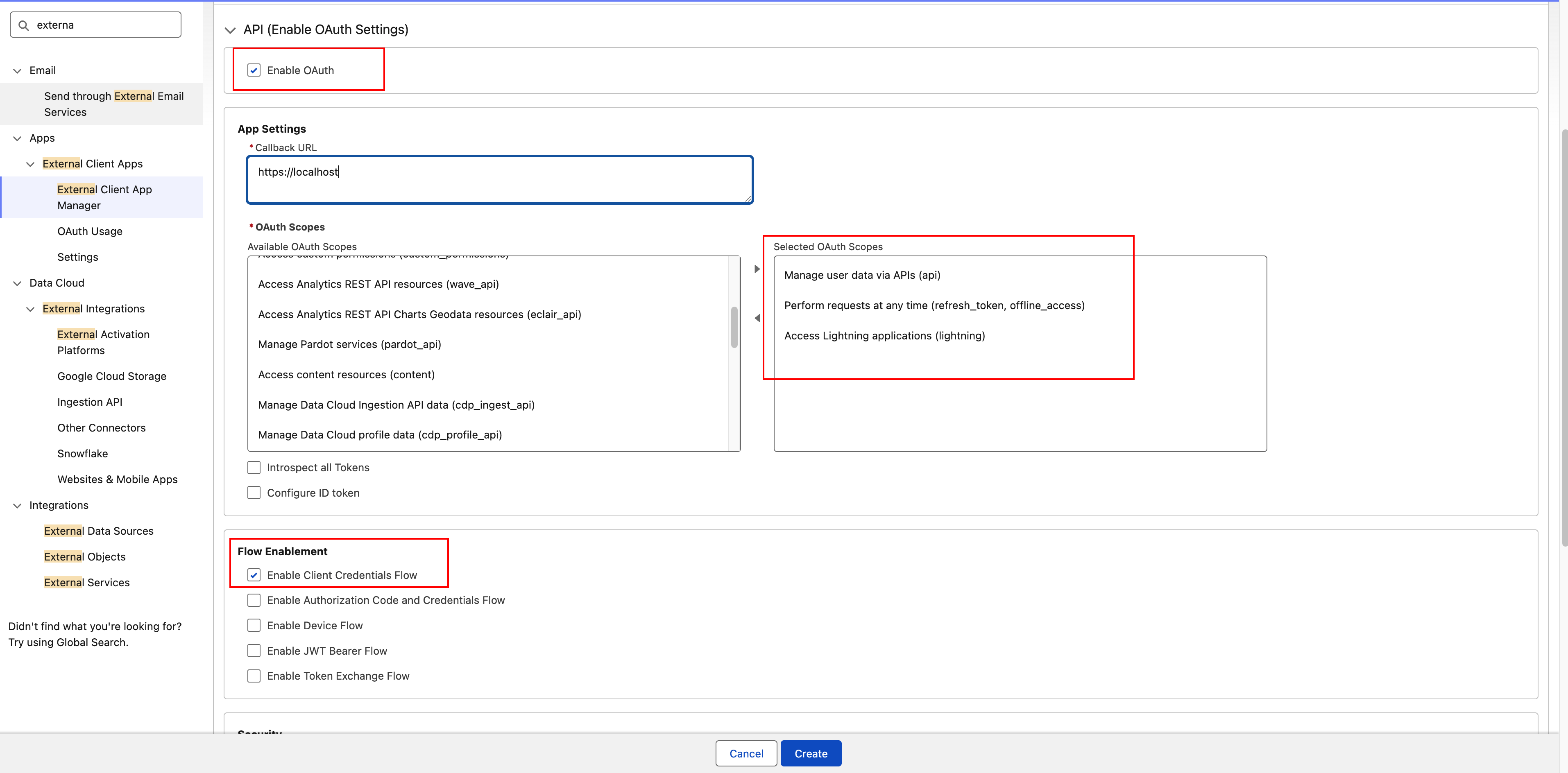 Salesforce Setup API screen showing OAuth settings for an External Client App: Enable OAuth checked, Callback URL set to https://localhost, selected OAuth scopes (Manage user data via APIs, Perform requests at any time, Access Lightning applications), and Enable Client Credentials Flow checked.