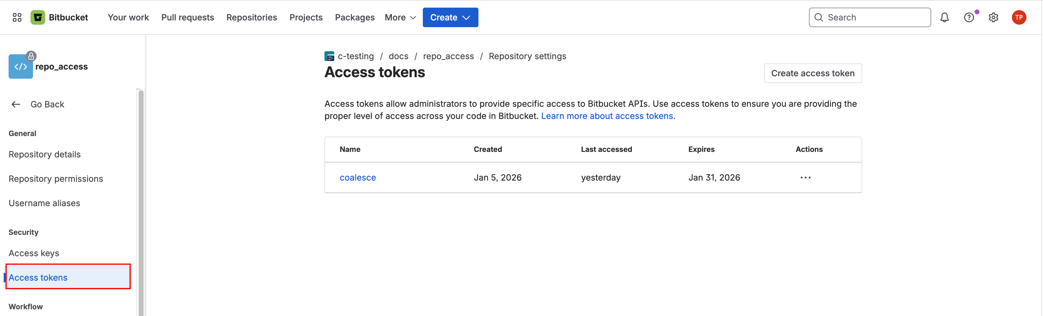 Bitbucket repository settings page for the repo_access repository showing the Access tokens section selected in the left sidebar. The main panel lists one access token named “coalesce” with columns for created date Jan 5, 2026, last accessed yesterday, and expiration Jan 31, 2026. A “Create access token” button appears in the top right.