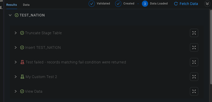 The results screen shows the execution steps for the TEST_NATION node, including truncating the stage table and inserting data into TEST_NATION. One of the tests failed, indicating that records matching the fail condition were returned.