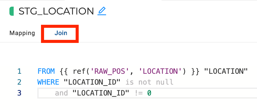 The image shows a SQL transformation within Coalesce for the `STG_LOCATION` table. The Join tab is highlighted, indicating that this section is used to manage joins or related operations. The SQL code selects data from the `RAW_POS.LOCATION` table and filters out rows where `LOCATION_ID` is null or equal to zero, using Coalesce’s templating syntax to reference the source table.