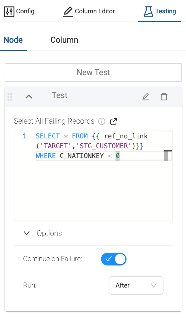 A snapshot of a node data validation test. The test is designed to isolate all non-compliant records from the 'ref no link' table with a c nationkey value below 0.