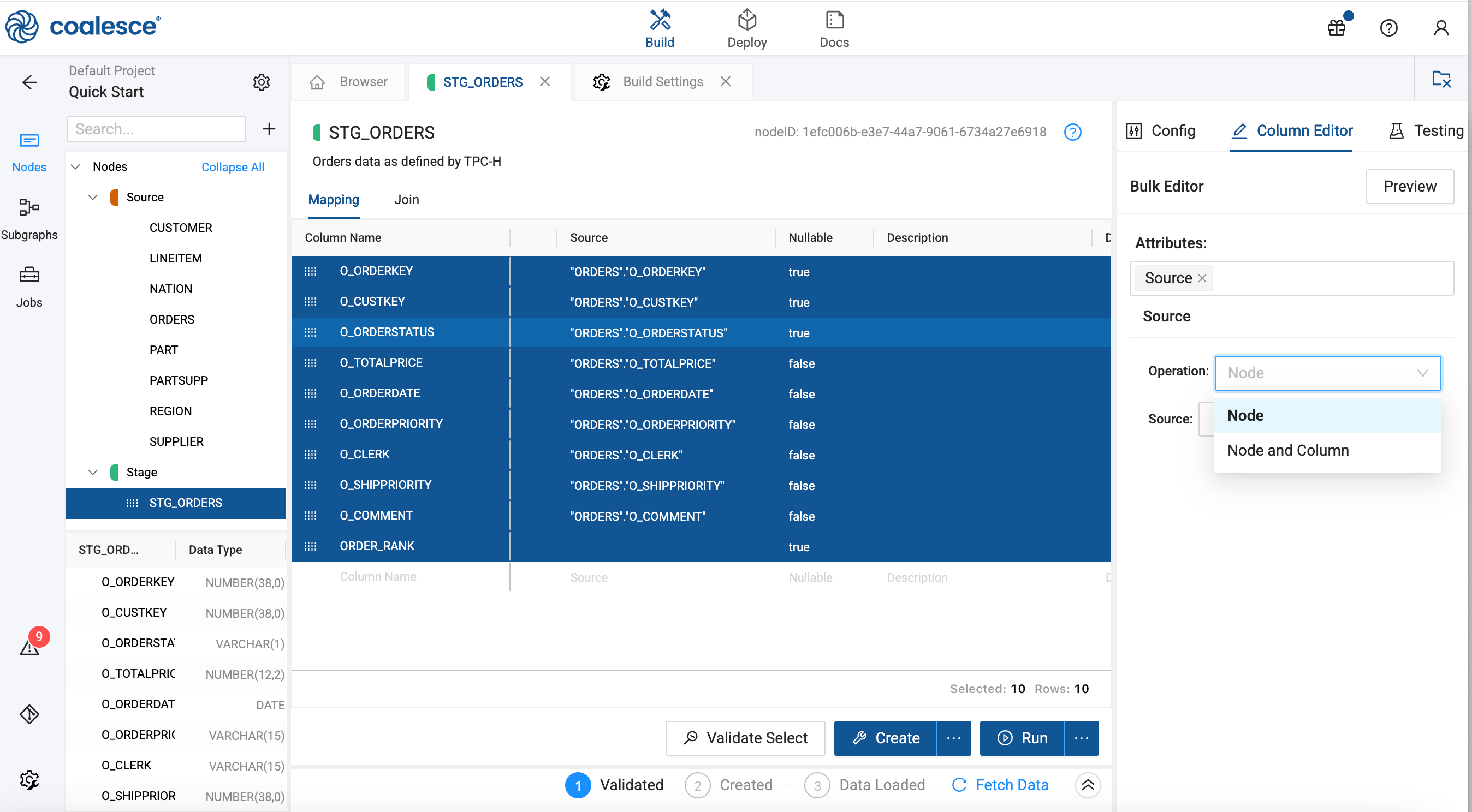 Coalesce interface showing column mapping for the STG\_ORDERS node with source attributes being edited in the Column Editor panel.