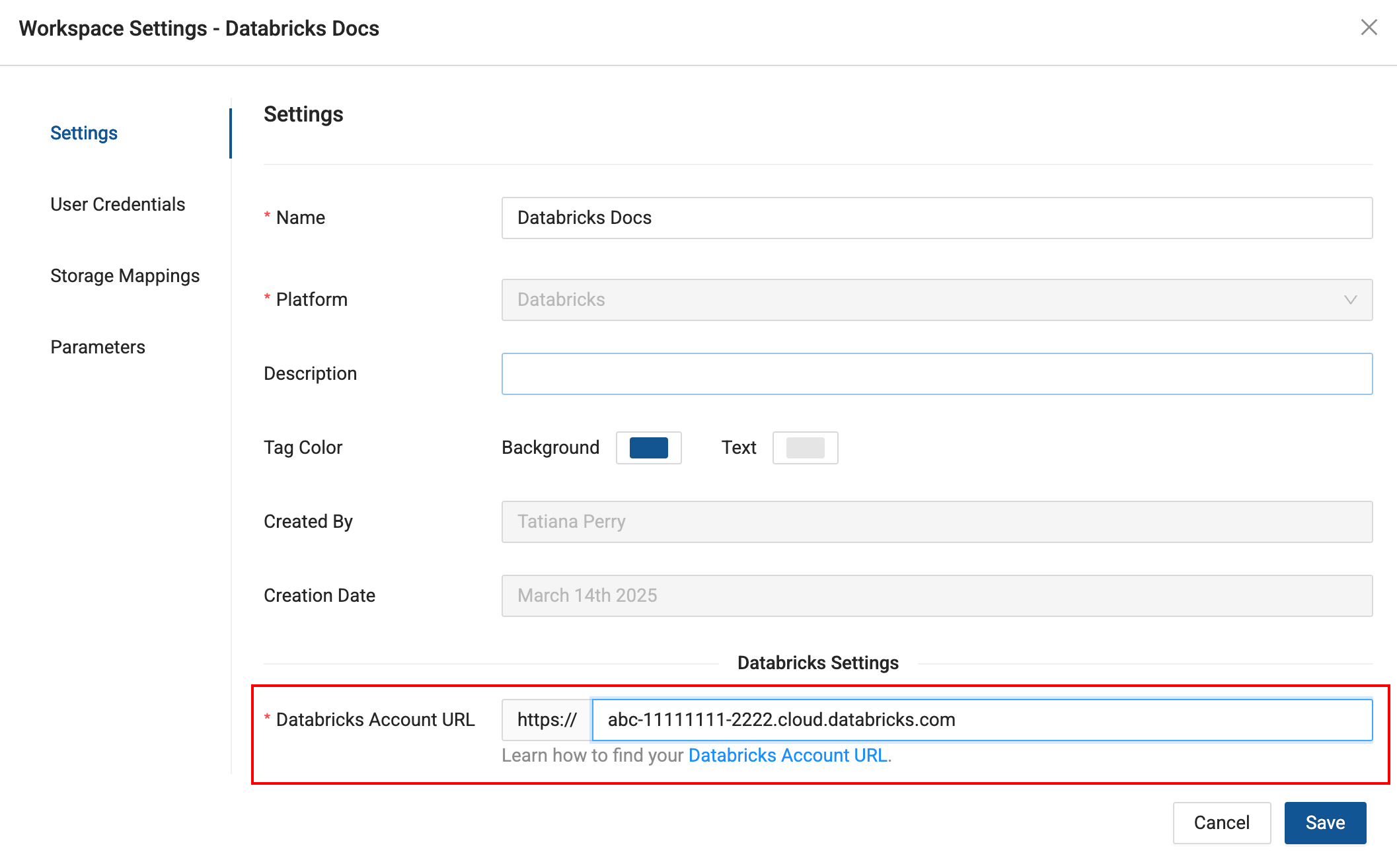 Coalesce - This screenshot displays a Workspace Settings panel where a Databricks Account URL can be specified, allowing integration with Databricks services. Other configuration options such as name, platform, and description are also shown, enabling users to tailor their workspace setup.