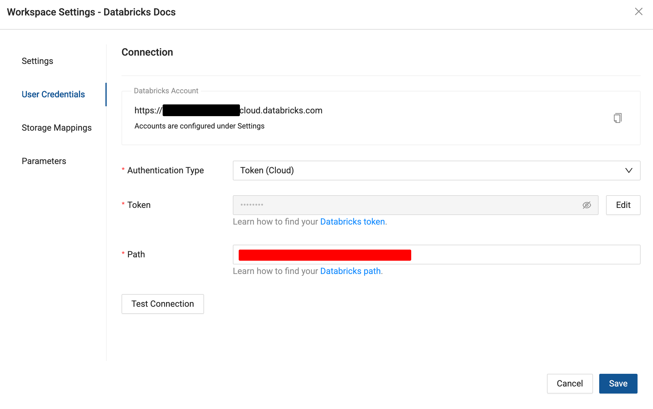 This screenshot displays the User Credentials tab of the Workspace Settings panel, where users can enter a Databricks account URL and authentication token. A Path field and a Test Connection button are also provided, allowing users to validate their Databricks integration.