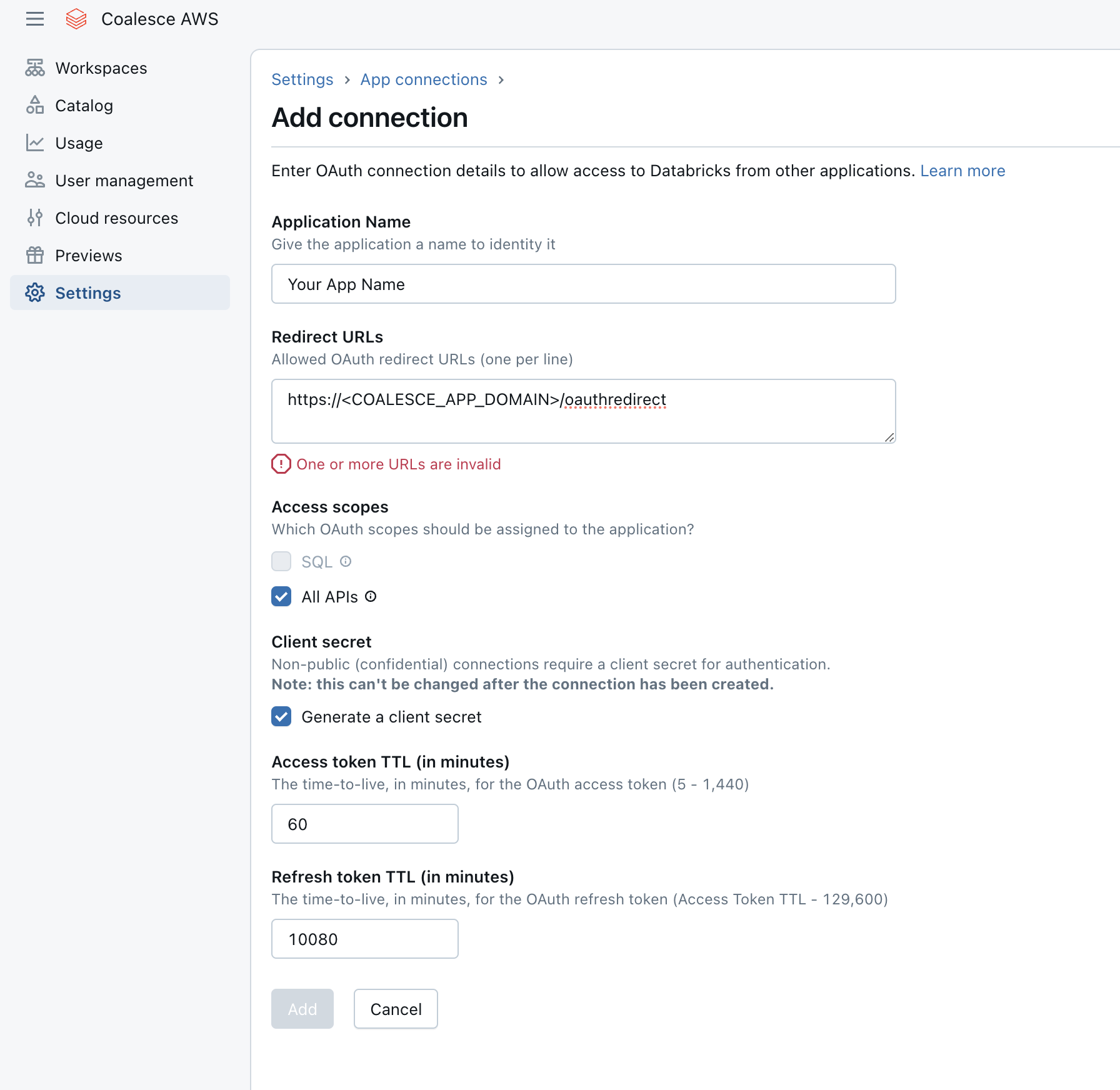 This screenshot shows the interface for adding a new app connection to Databricks. Users can specify the application name, redirect URLs, access scopes, and token time-to-live values before finalizing the setup with the “Add” button.