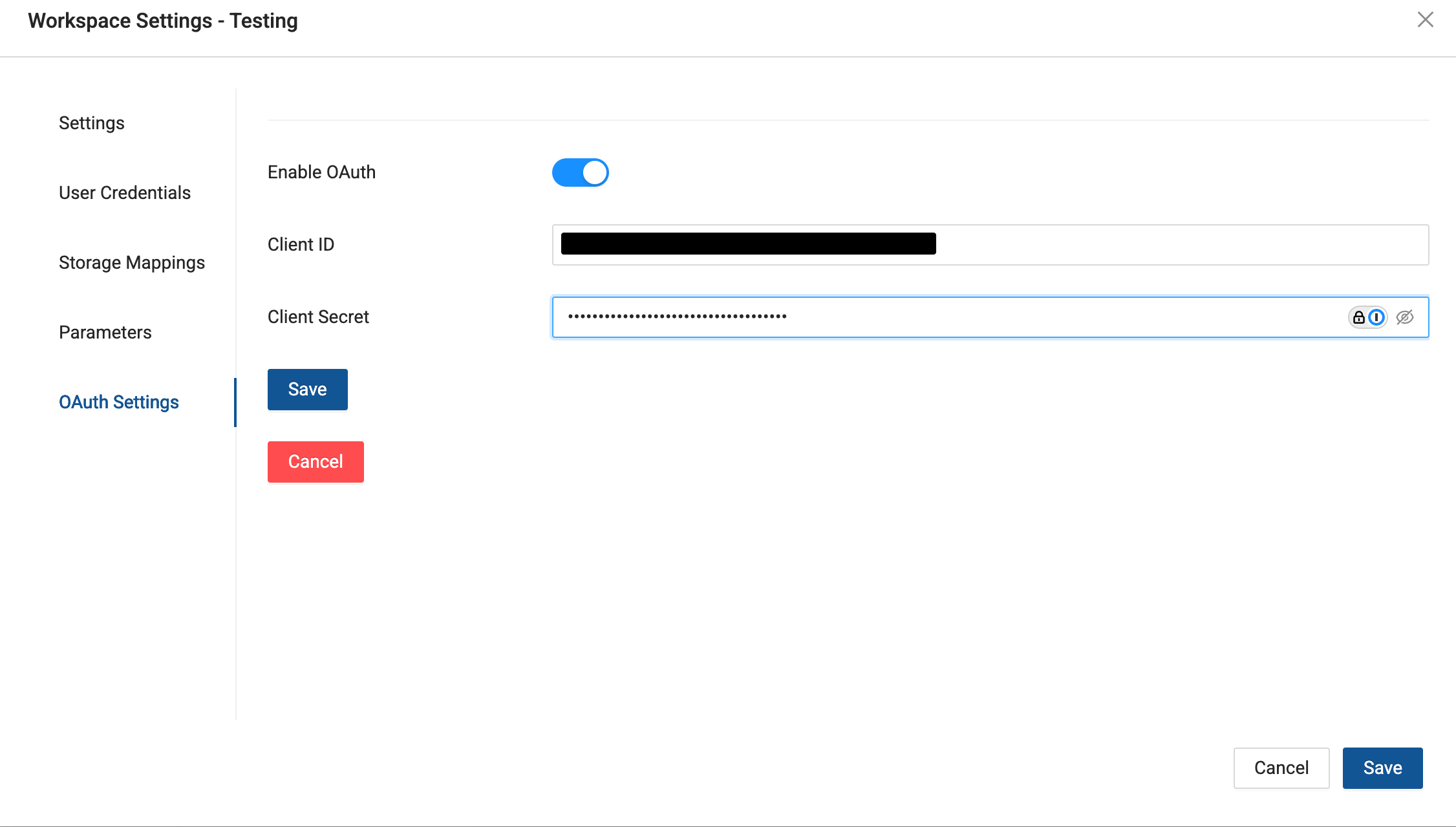 This screenshot displays the OAuth Settings section of the Workspace Settings panel, where OAuth can be enabled. The user can configure the Client ID, Client Secret, and then save or cancel the changes.