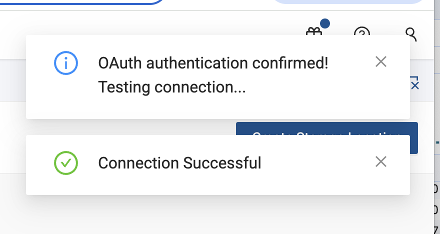 This screenshot shows two notification messages indicating that OAuth authentication was confirmed and a connection test was performed. The messages confirm that the authentication process succeeded and the connection was established successfully.