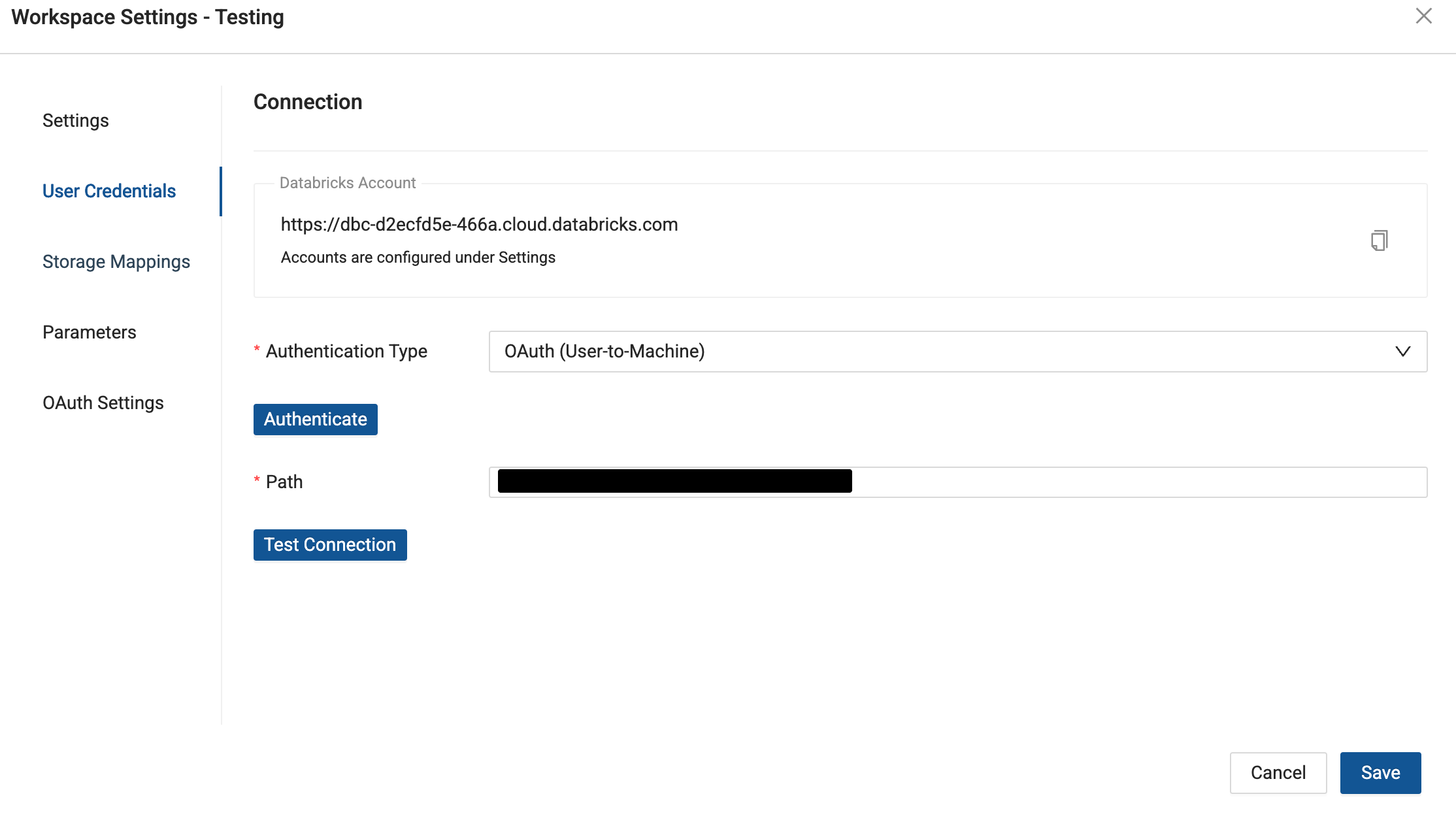 This screenshot displays the Connection tab of a workspace’s user credentials settings, where an OAuth (User-to-Machine) authentication type is selected. The user can provide a Databricks account URL, click Authenticate, specify a path, and then test the connection to verify proper configuration.