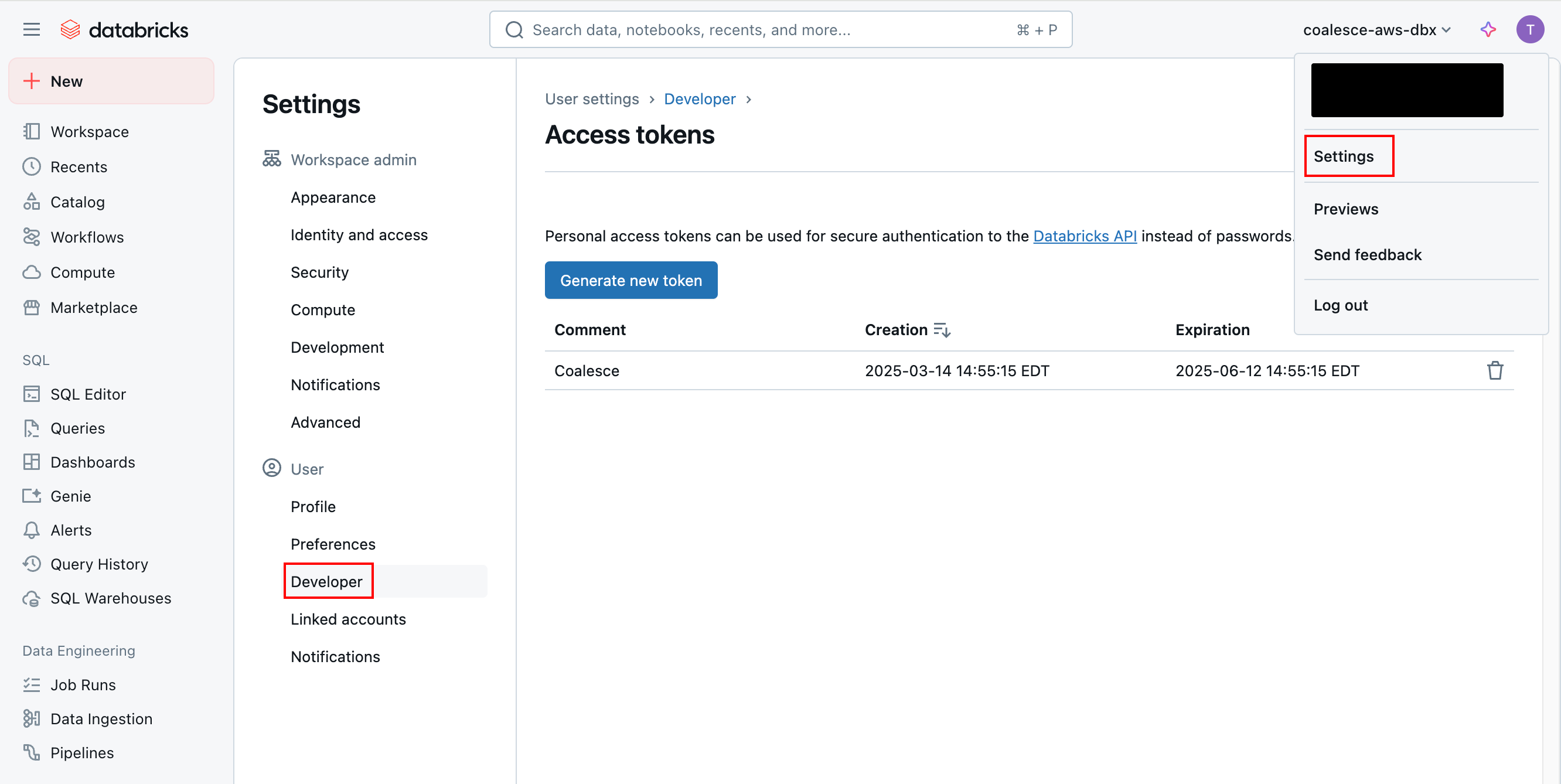 This screenshot shows a Databricks page for managing personal access tokens. It includes a button to generate a new token, allowing users to securely interact with the Databricks API without using passwords.