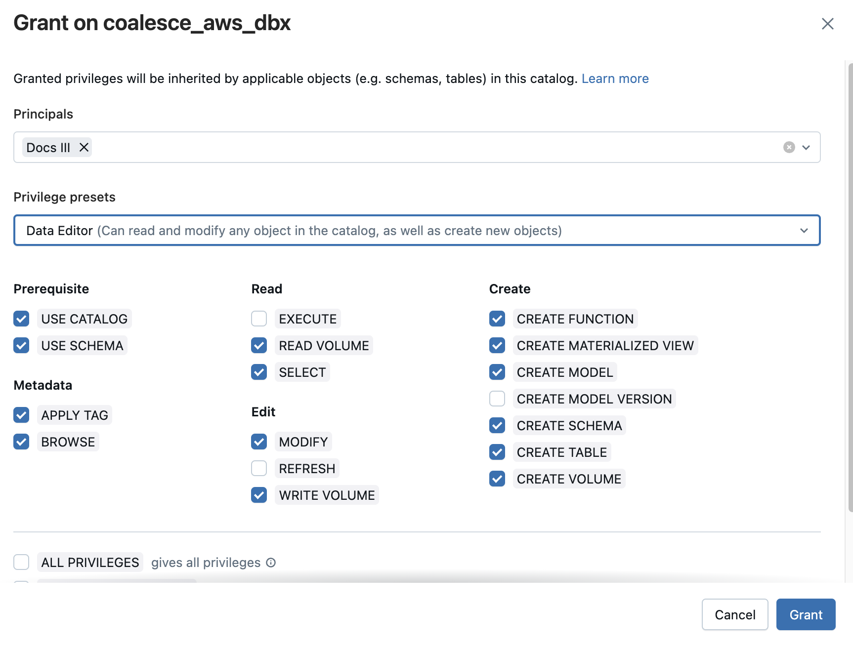 This screenshot shows the “Grant” dialog in Databricks, where a principal named “Docs III” is given privileges on the catalog “coalesce_aws_dbx.” A Data Editor privilege preset is selected, revealing a series of checkboxes for read, write, and create actions that can be toggled before finalizing the grant.