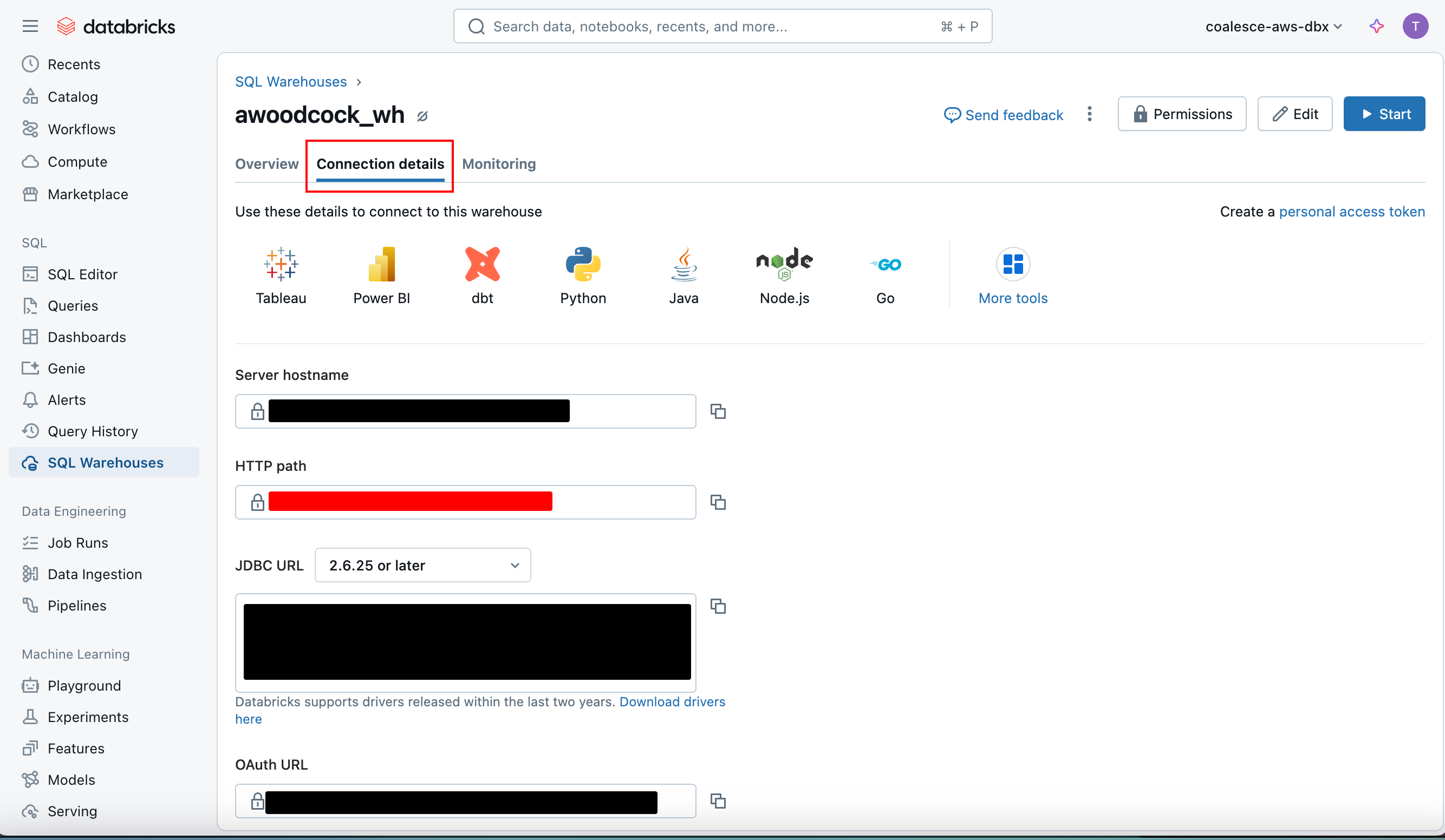 This screenshot shows the Connection Details tab for a Databricks SQL Warehouse named awoodcock_wh. It displays fields such as Server hostname, HTTP path, JDBC URL, and ODBC URL, which are used to configure connections to the warehouse from different clients and tools.