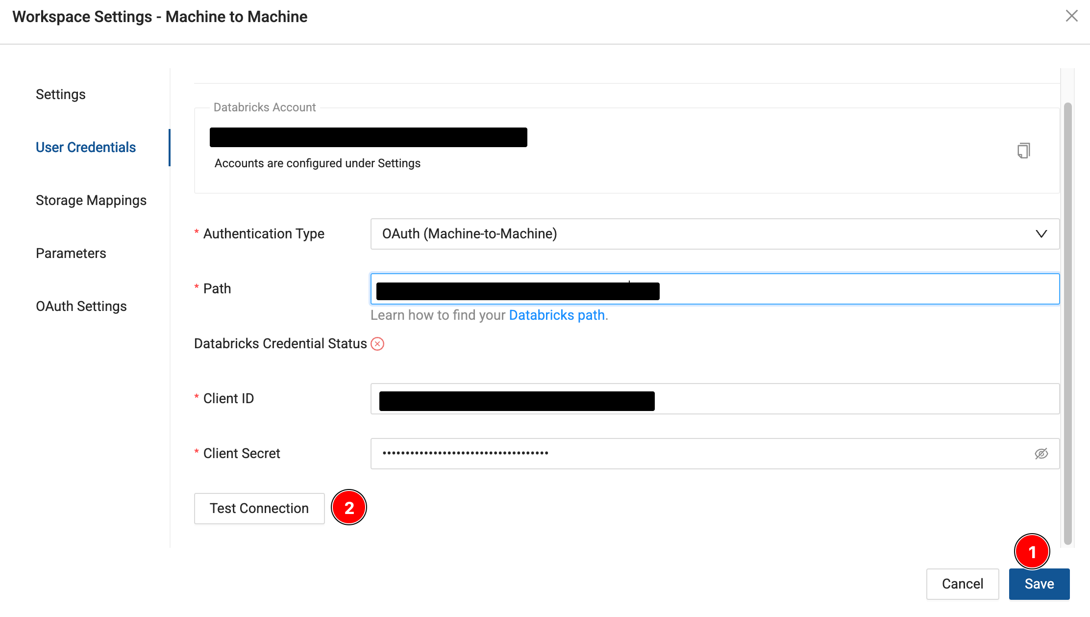 This screenshot shows the Workspace Settings panel with the User Credentials section. The user can select an OAuth (Machine to Machine) authentication type, fill in the Databricks Account URL, path, client ID, client secret, then test the connection or save the configuration changes.