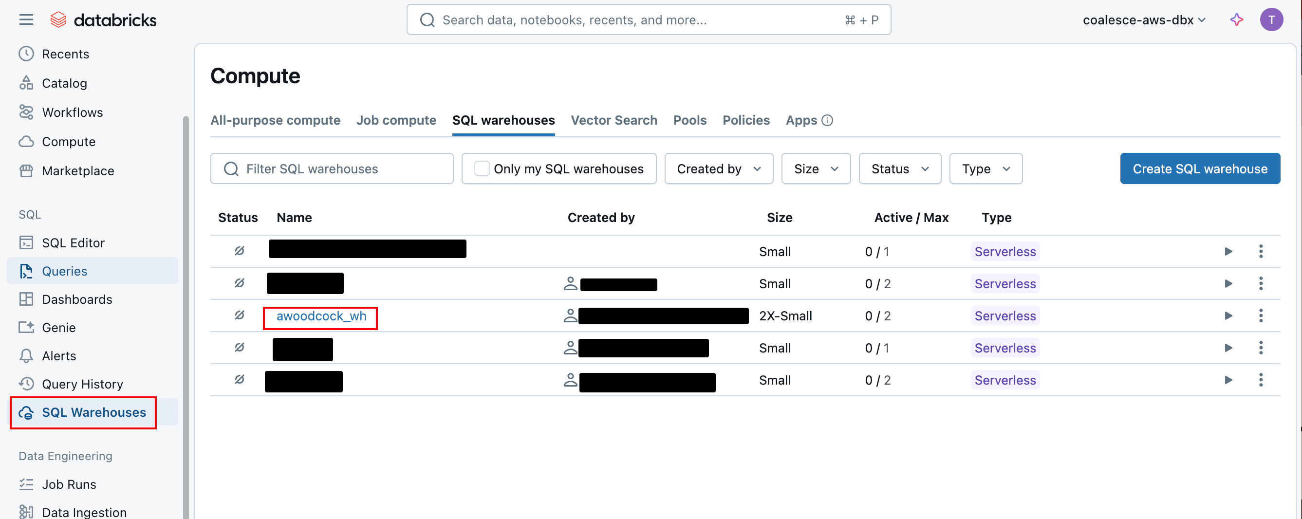 This screenshot shows the Databricks SQL Warehouses page listing multiple SQL warehouses with details such as name, size, and type. One warehouse named avwcdock_wh is highlighted, indicating it is a serverless configuration.
