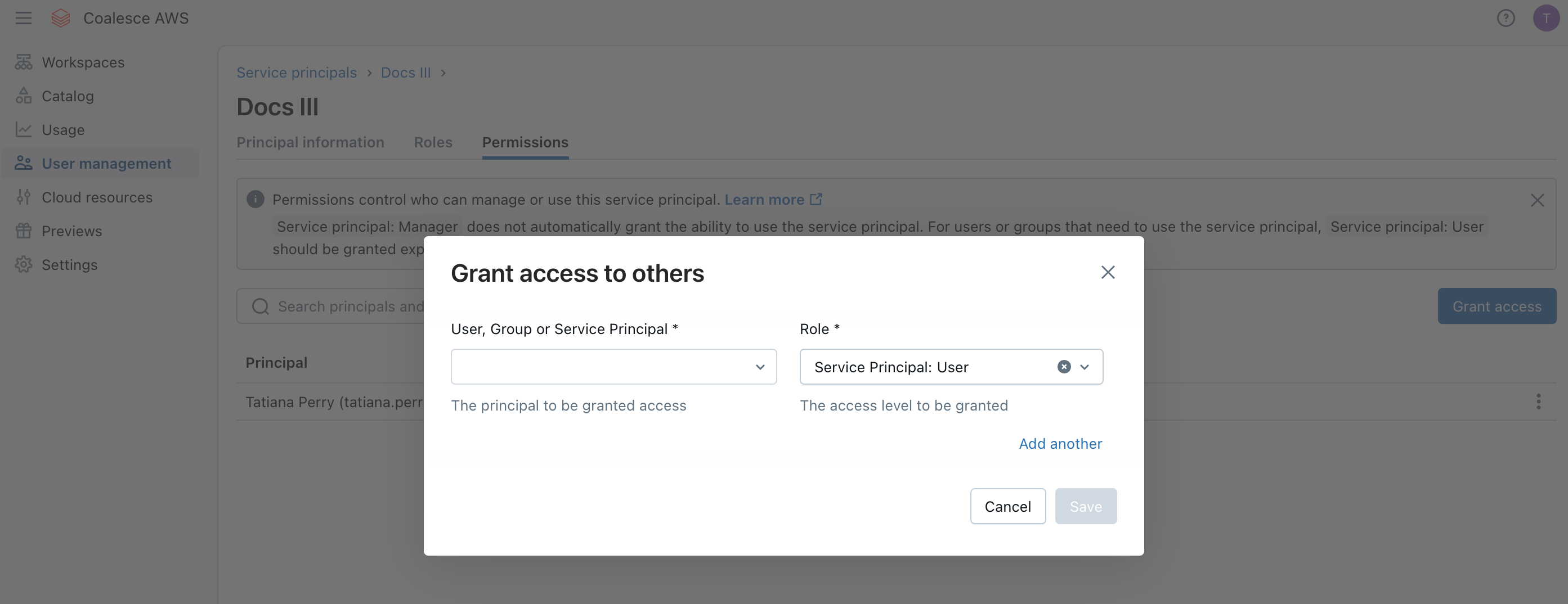 This screenshot shows the Permissions tab for a service principal, where administrators can grant access to a user, group, or service principal with a selected role. Once roles and recipients are defined, saving these settings applies the new permissions.