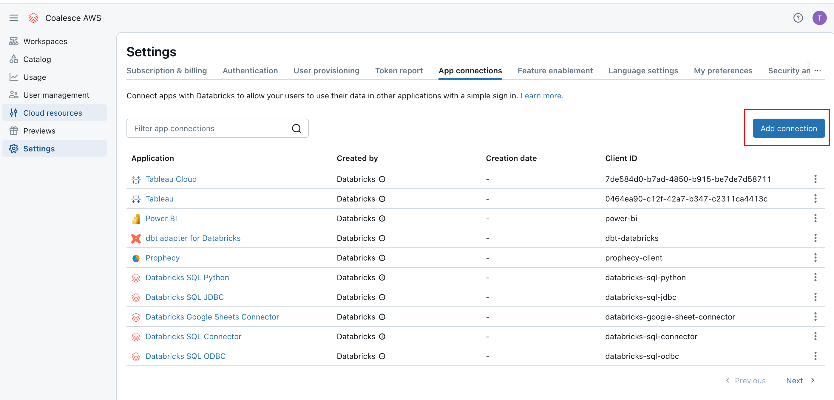 This screenshot shows the App Connections section under Settings, where various external applications (like Tableau or Power BI) are listed along with their creation details and client IDs. An Add connection button allows users to create new integrations with additional applications.