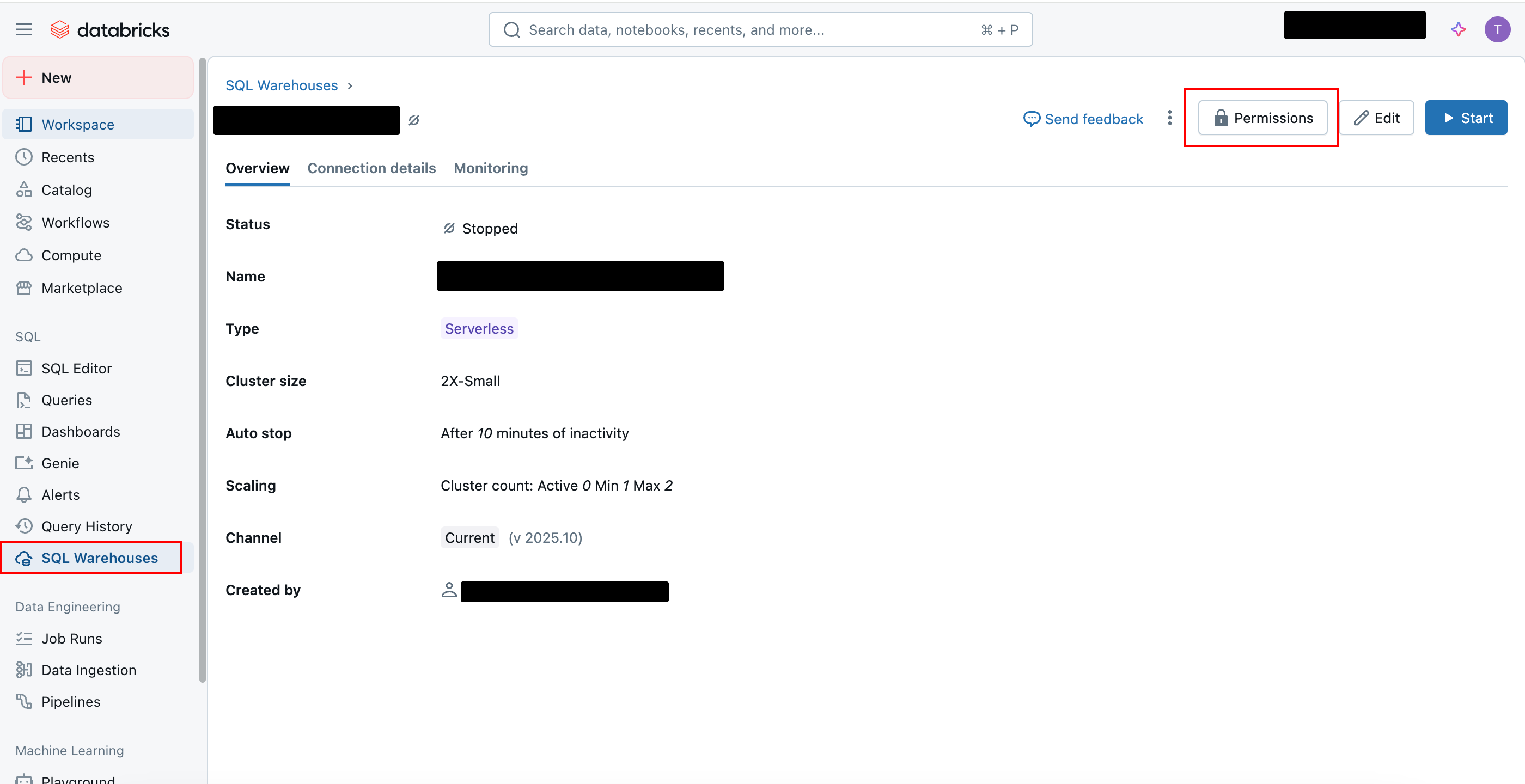 This screenshot shows the overview page for a Databricks SQL warehouse. The warehouse is currently stopped, configured as serverless on a 2X-Small cluster, and includes buttons in the top right for permissions and editing.