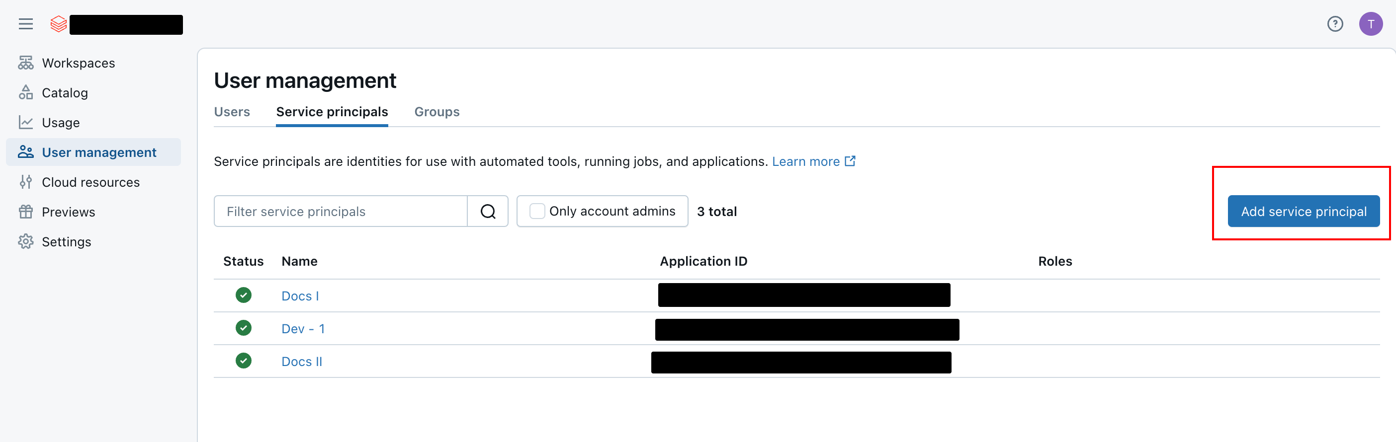 This screenshot shows the user management page in Databricks, focusing on service principals. It lists existing service principals with their application IDs and roles, and provides an option to add new ones.