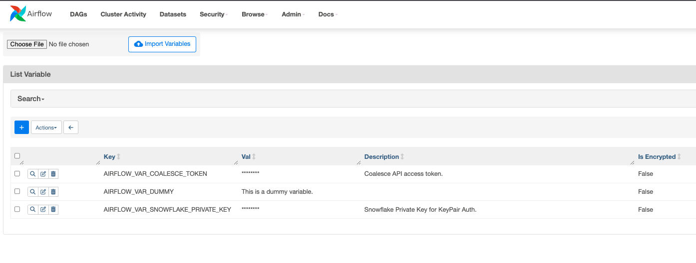 This image shows the Airflow UI with a list of variables displayed, including keys such as `AIRFLOW_VAR_COALESCE_TOKEN` and `AIRFLOW_VAR_SNOWFLAKE_PRIVATE_KEY`. The values of these variables are masked, and none of them are encrypted.