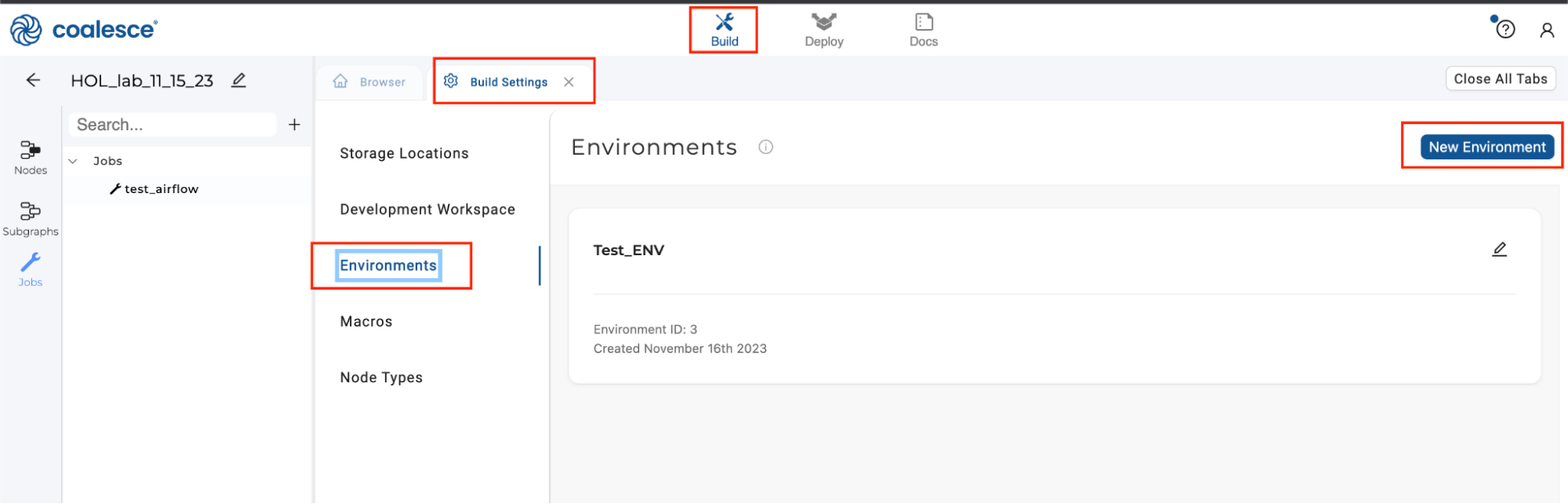 The image shows a user interface of a web application named Coalesce, specifically in the Environments section under Build Settings. The left panel contains a search bar and a list of job nodes, while the main panel displays environment details and options. Key elements highlighted in red boxes include the Build button, Build Settings tab, Environments menu item, and the New Environment button.