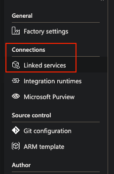 The image shows a section of the Microsoft Azure interface with a focus on the menu options under the Connections category. The Linked services option is highlighted. Other visible categories include General, Source control, and Author.