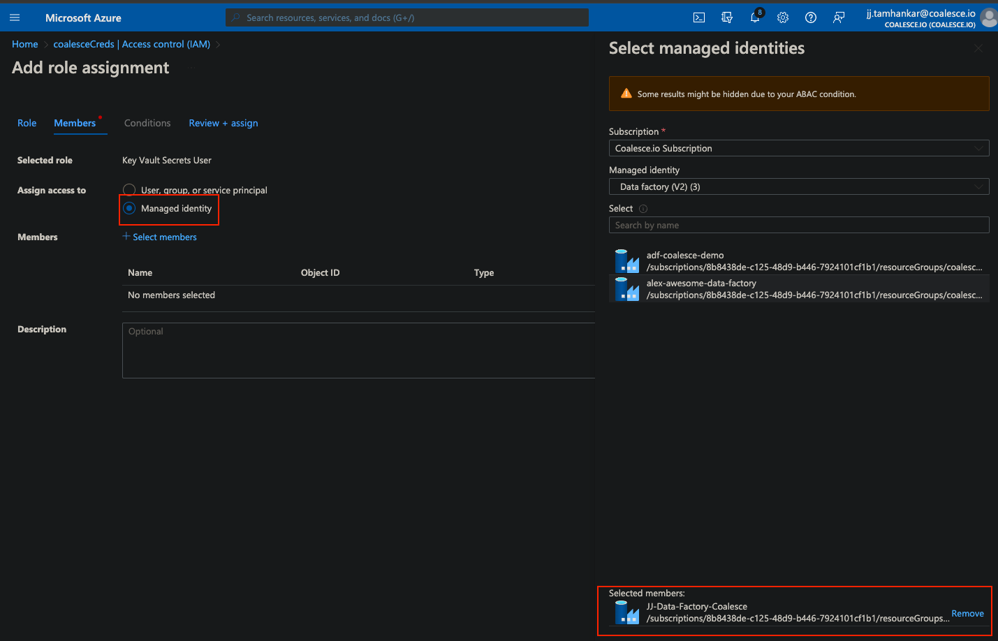 The image shows the Add role assignment page in the Microsoft Azure portal, focusing on assigning the Key Vault Secrets User role. The page is set to assign access to a managed identity, with the selection pane on the right listing available managed identities. The selected member, JJ-Data-Factory-Coalesce, is highlighted at the bottom of the selection pane.