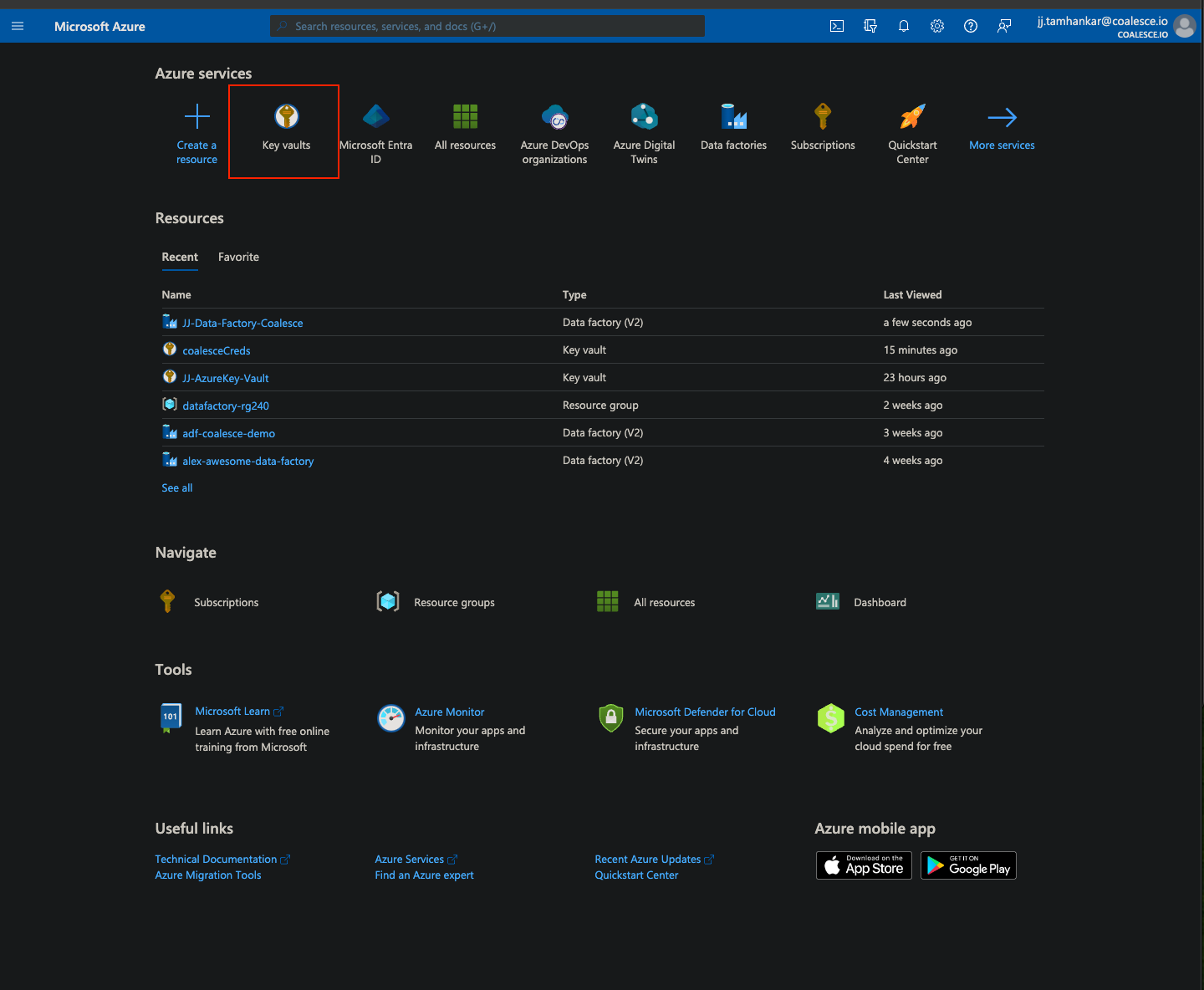 The image shows the Microsoft Azure dashboard with various Azure services and resources. Key vaults are highlighted under Azure services. The Resources section lists recent items, including data factories, key vaults, and resource groups, along with their last viewed times.