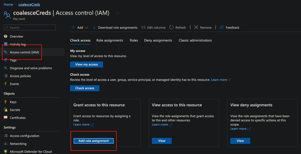 The image shows the Access control (IAM) section for the coalesceCreds key vault in the Microsoft Azure portal. It provides options for checking access, managing role assignments, and adding new role assignments. The Access control (IAM) option and the Add role assignment button are highlighted.