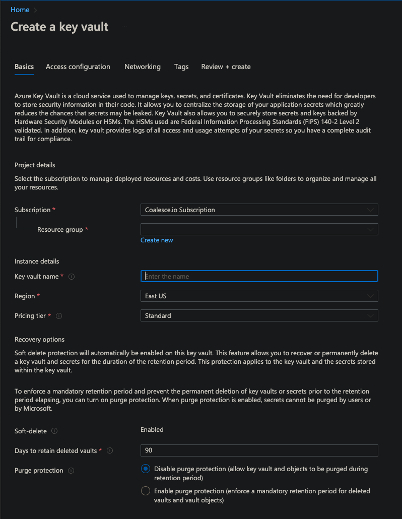 The image shows the Create a key vault page in the Azure portal, detailing the basics for setting up a key vault. It includes fields for subscription, resource group, key vault name, region, and pricing tier. Additionally, it outlines options for soft-delete and purge protection settings.