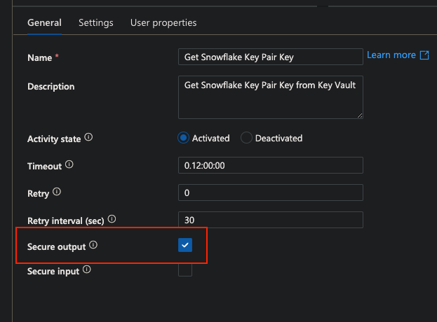 The image shows the configuration settings for a web activity named Get Snowflake Key Pair Key in a Microsoft Azure pipeline. The settings include activity state, timeout, retry, and retry interval. The Secure output option is checked, indicating that the output of this activity will be handled securely.