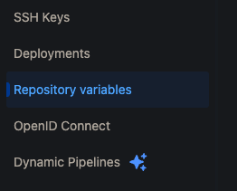 The image shows a section of the Bitbucket settings menu, including options like SSH Keys, Deployments, and Repository variables, with Repository variables highlighted. Additional options like OpenID Connect and Dynamic Pipelines are also visible.