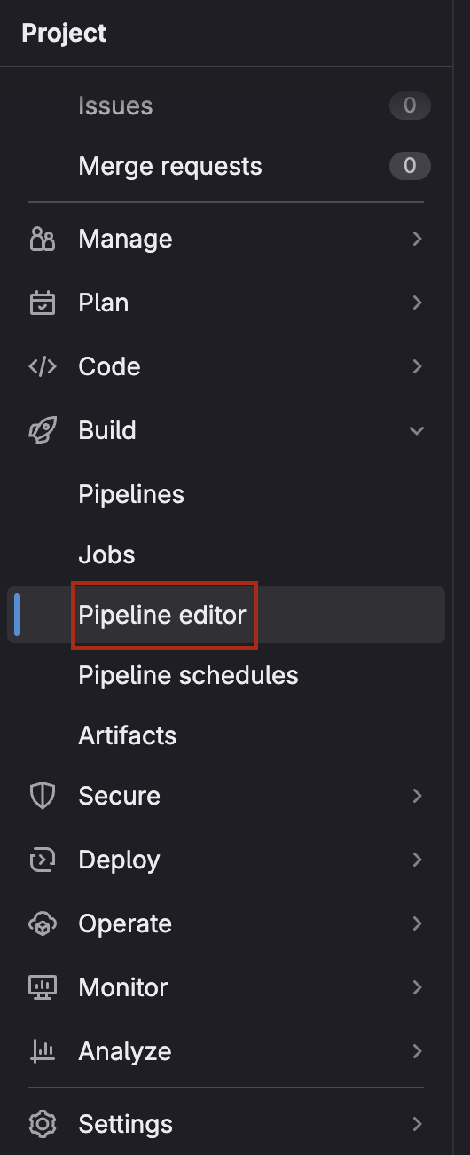 The image shows a dark-themed GitLab interface focusing on the project navigation menu. The menu includes sections such as Issues, Merge requests, Manage, Plan, Code, Build, Pipelines, Jobs, and Pipeline editor, with the Pipeline editor section highlighted. Other sections like Pipeline schedules, Artifacts, Secure, Deploy, Operate, Monitor, Analyze, and Settings are also visible below the highlighted section.