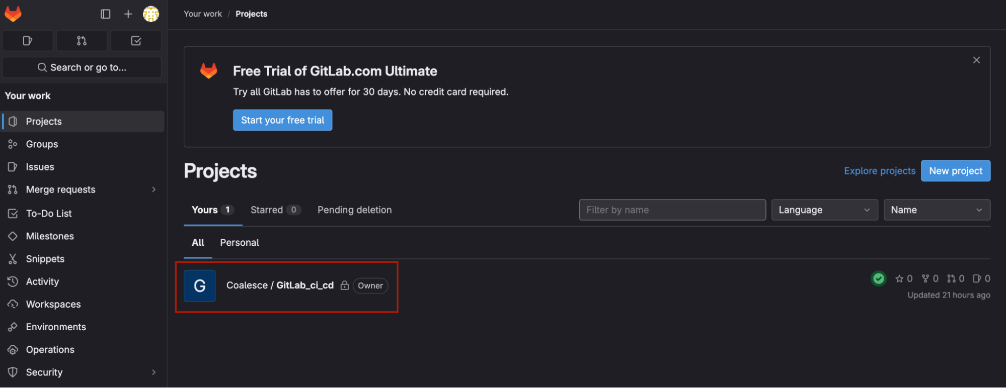 The image displays a dark-themed GitLab interface with a navigation menu on the left, highlighting the Projects section. The main section advertises a free trial of GitLab.com Ultimate and shows a list of projects under the Projects heading. One project named Coalesce / GitLab_ci_cd is highlighted with a red border, indicating the owner of the project.