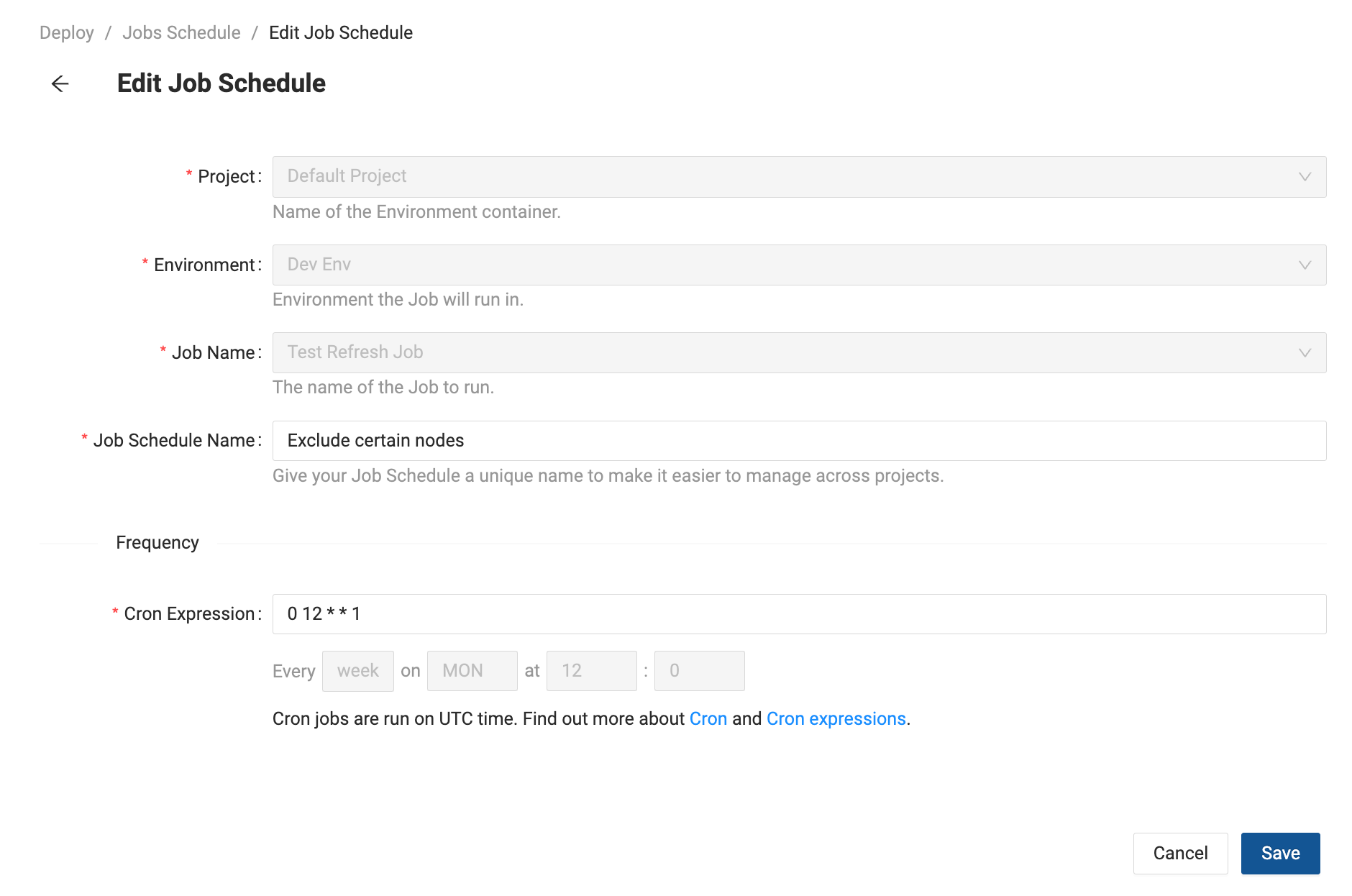 Editing a job schedule in a development environment. It includes fields for the project, environment, job name, and job schedule name, along with a cron expression for scheduling