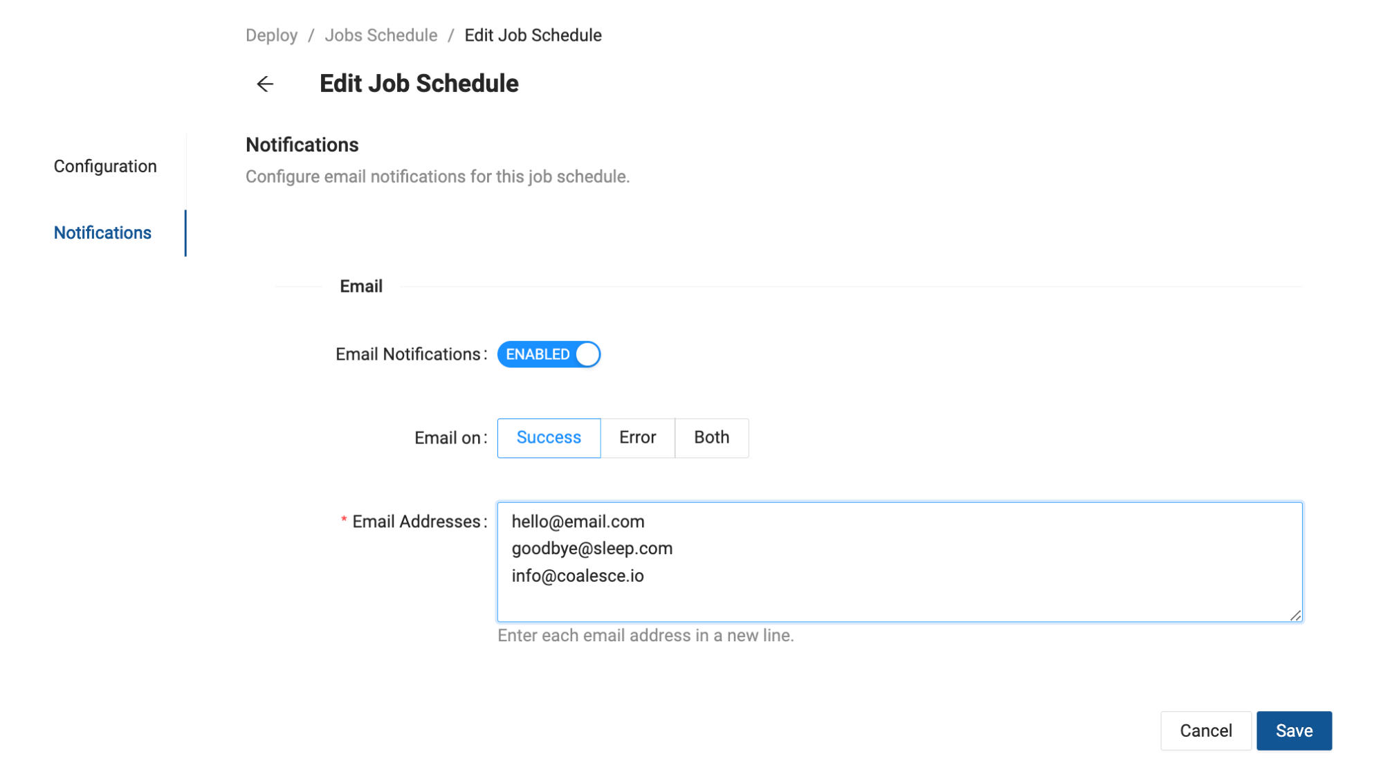 Editing a job schedule in a development environment. It includes fields for the project, environment, job name, and job schedule name, along with a cron expression for scheduling