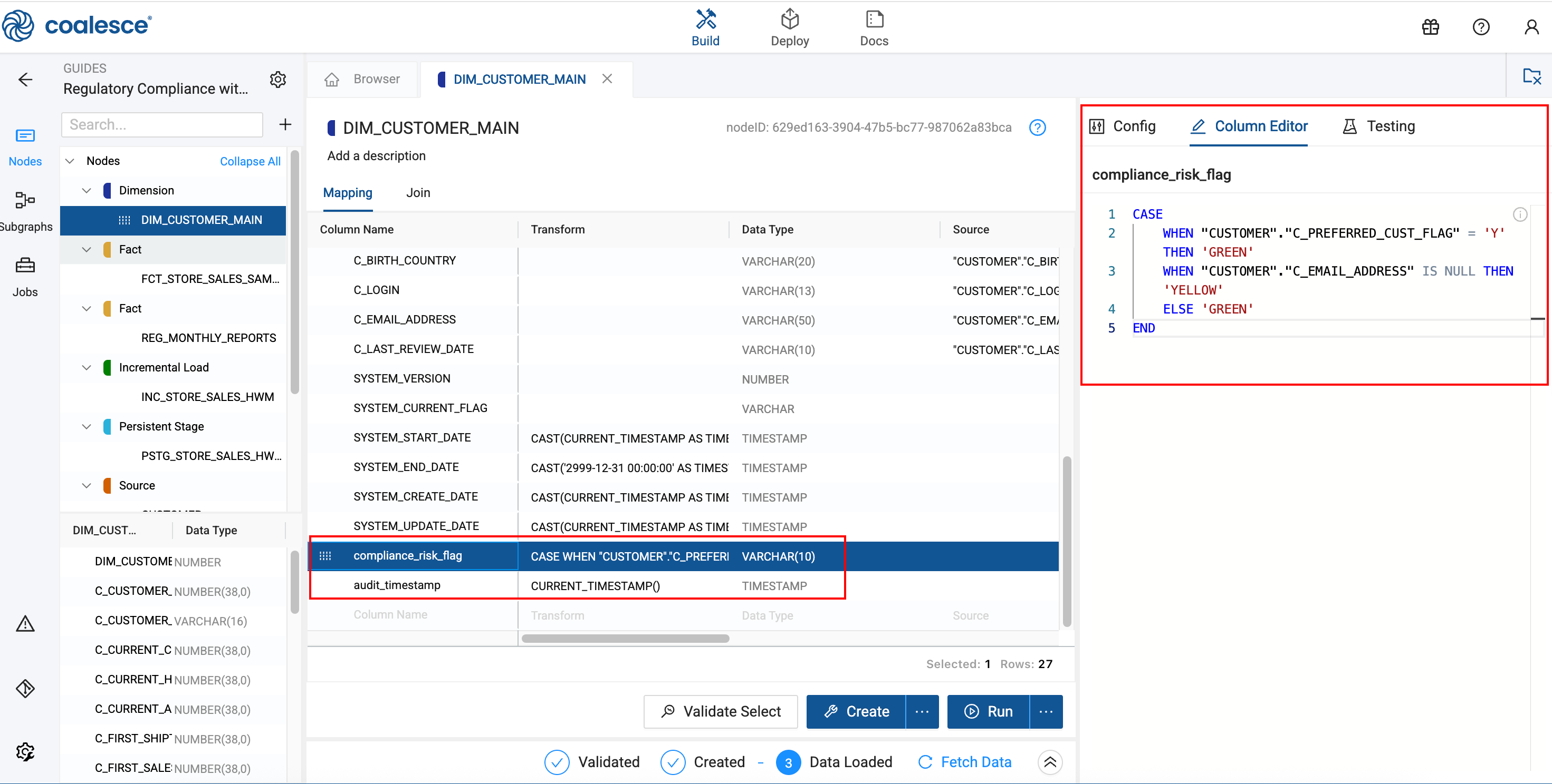 This shows the Column Editor for DIM_CUSTOMER_MAIN with a compliance_risk_flag column being configured using a CASE statement. The SQL logic checks customer preferences and email addresses to assign GREEN or YELLOW risk flags. Two rows are highlighted: compliance_risk_flag and audit_timestamp.