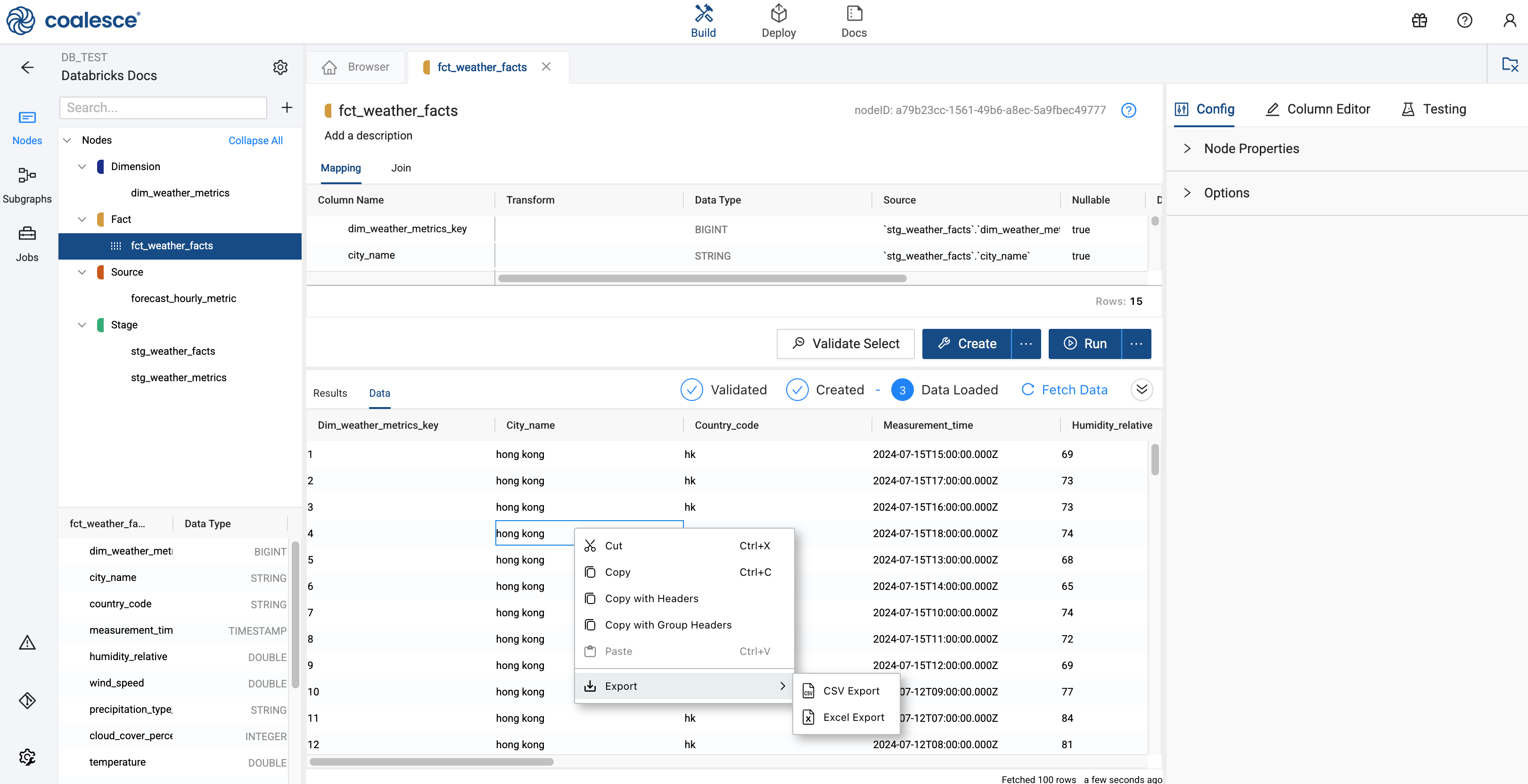 This screenshot shows a Coalesce data view for a fact table node named fct_weather_facts. The node is linked to a source (forecast_hourly_metric) and includes mapping for columns such as dim_weather_metrics_key and city_name. The results panel displays a table with 15 rows of data, including columns for city name, country code, measurement time, humidity, wind speed, and other weather-related metrics. Options for validating, creating, and exporting data (as CSV or Excel) are also available.