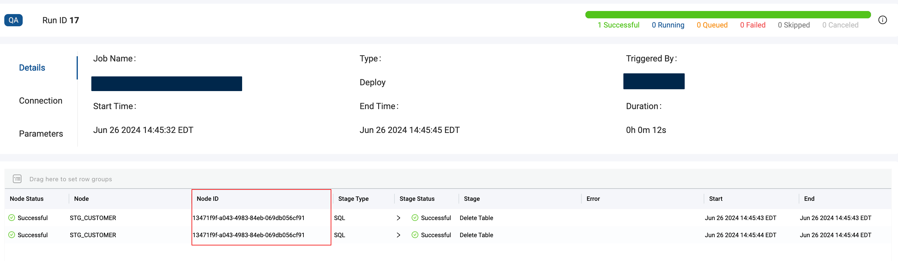 Deployment results for Run ID 17 in the QA environment. The STG_CUSTOMER node with the same node ID 13471f9f-a043-4983-84eb-069db056cf91 has completed successfully, with details like job name, start and end times, and stage status