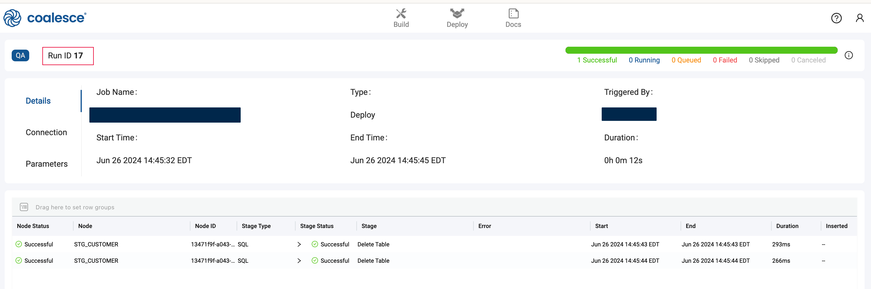 Deployment details for Run ID 17, summarizing the job name, type, triggered by, start and end times, and duration. The successful completion of the deployment is highlighted, with the same node ID for STG_CUSTOMER indicated