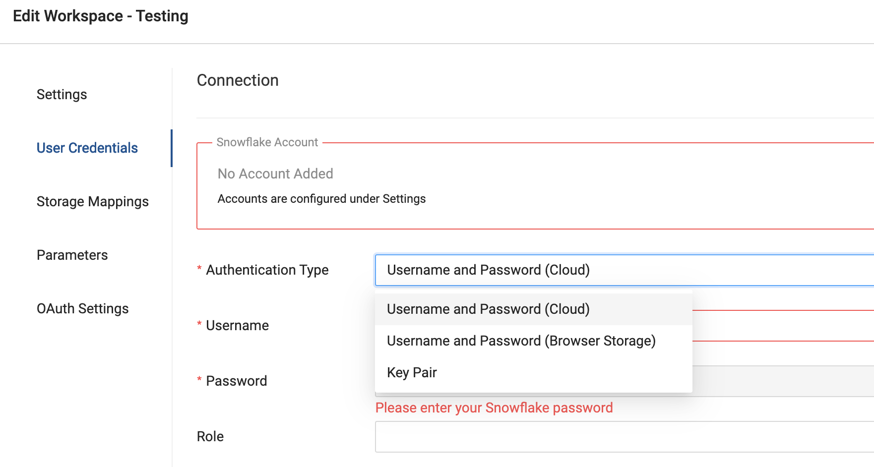 This image shows a user interface for editing workspace settings, specifically for configuring a connection to a Snowflake account. It displays options for authentication type, username, and password. The interface indicates that no Snowflake account has been added yet.